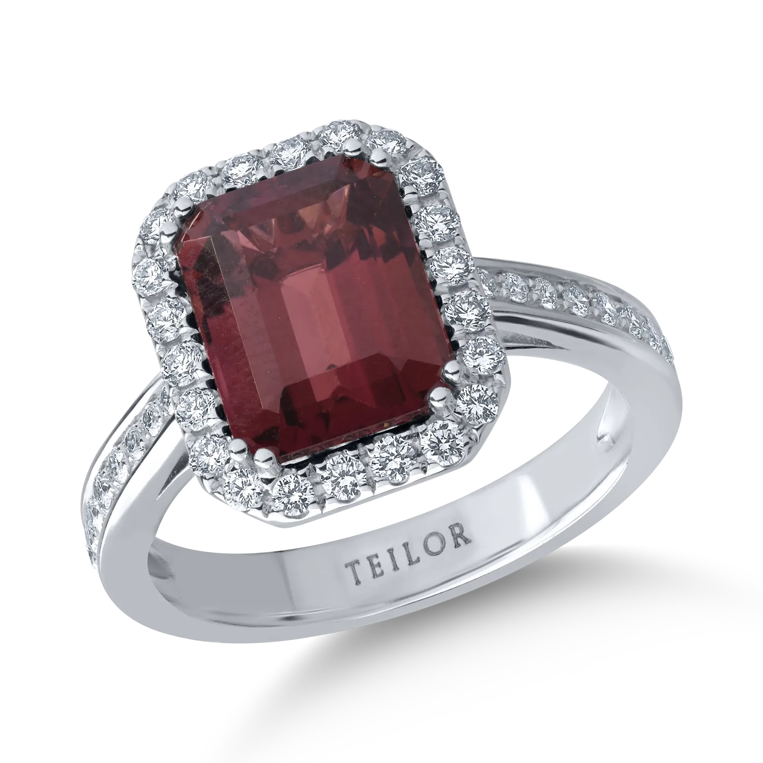 Inel din aur alb cu turmalina roz emerald de 3ct si diamante de 0.4ct