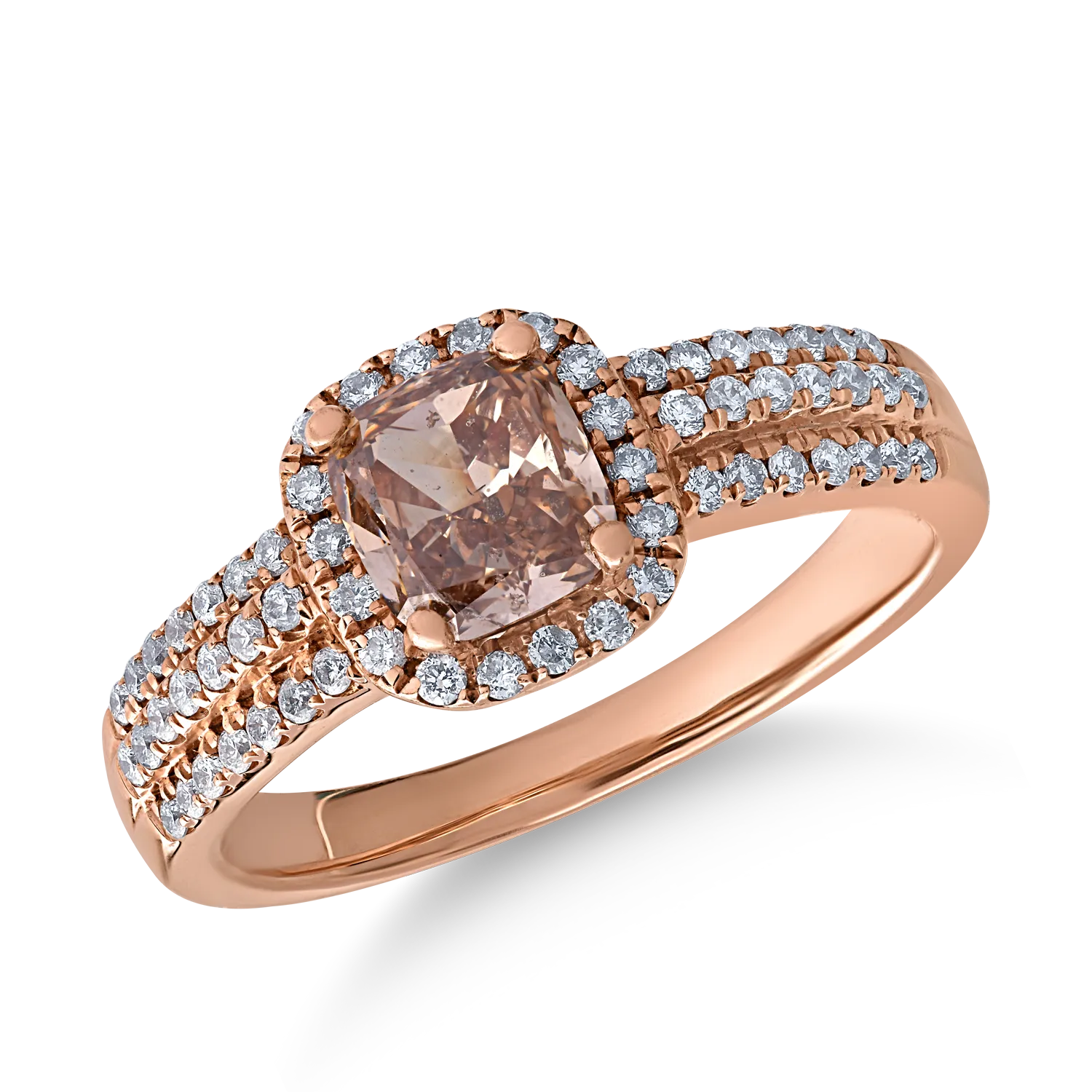 14K rózsaszín arany gyűrű 1.02ct barna gyémánttal és 0.34ct tiszta gyémántokkal