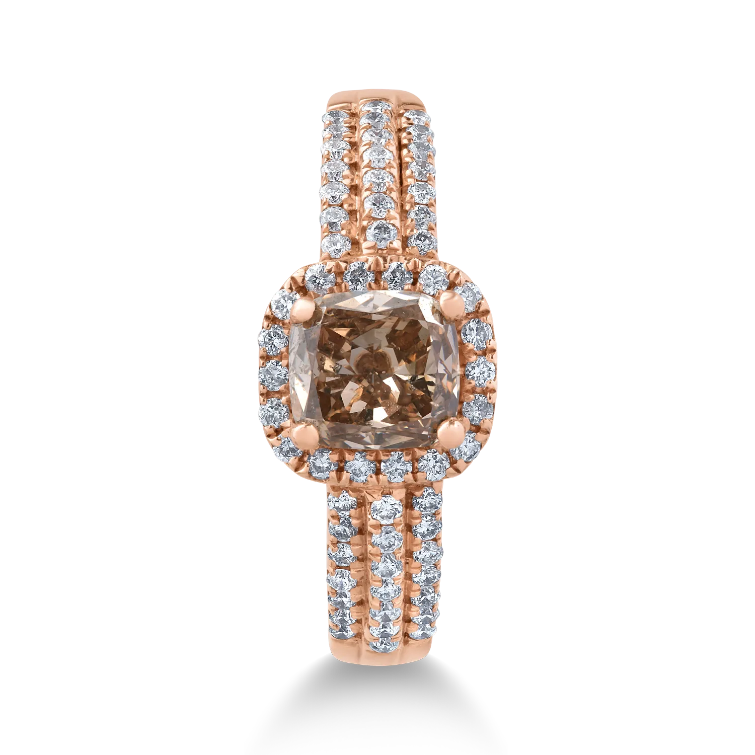 Inel din aur roz de 14K cu diamant maro de 1.02ct si diamante transparente de 0.34ct