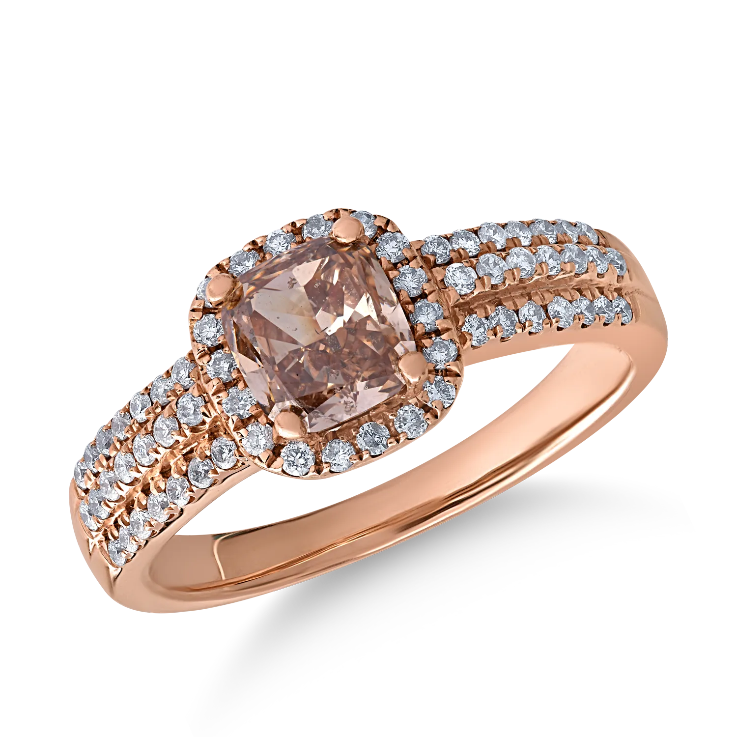 Inel din aur roz cu diamant maro cushion de 1ct si diamante transparente de 0.3ct