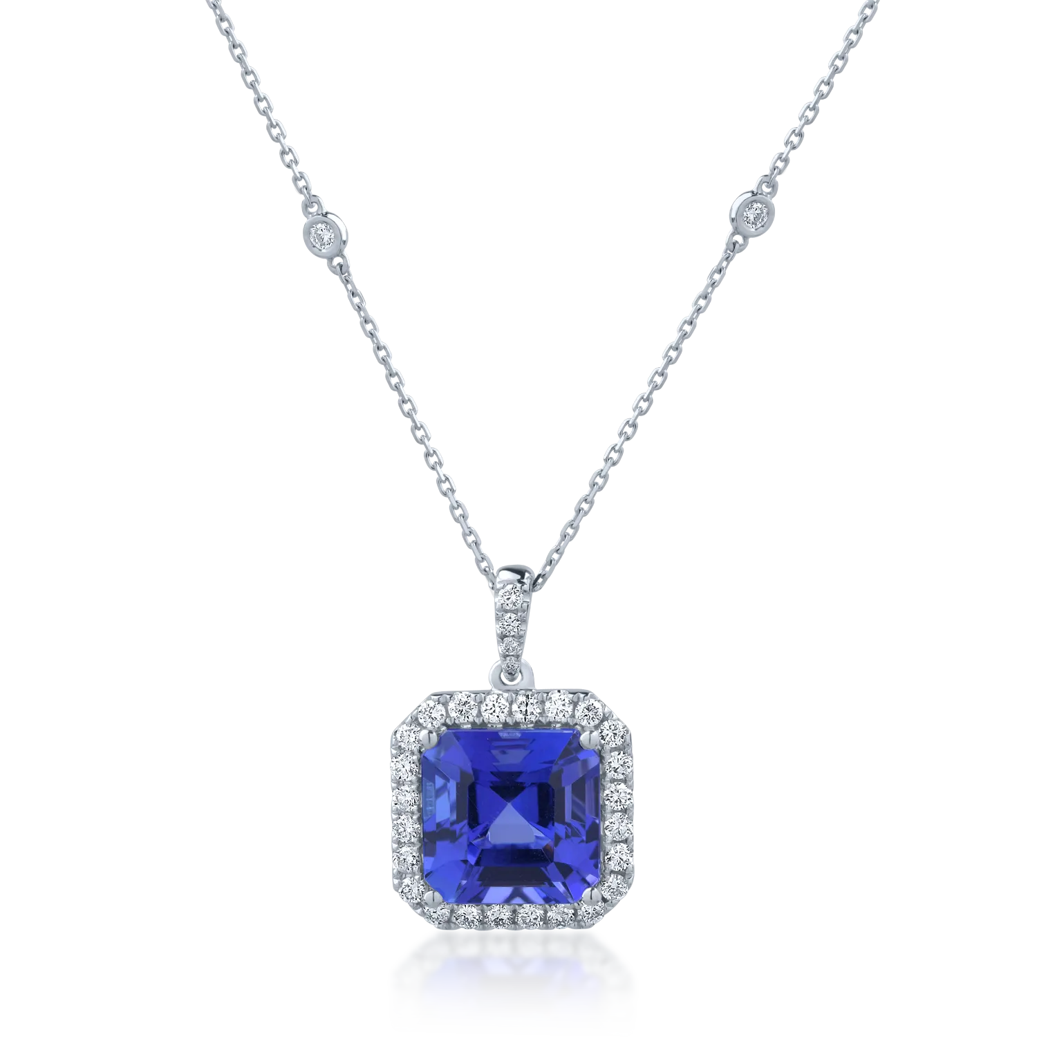 Lant cu pandantiv din aur alb cu tanzanit de 7.18ct si diamante de 0.63ct