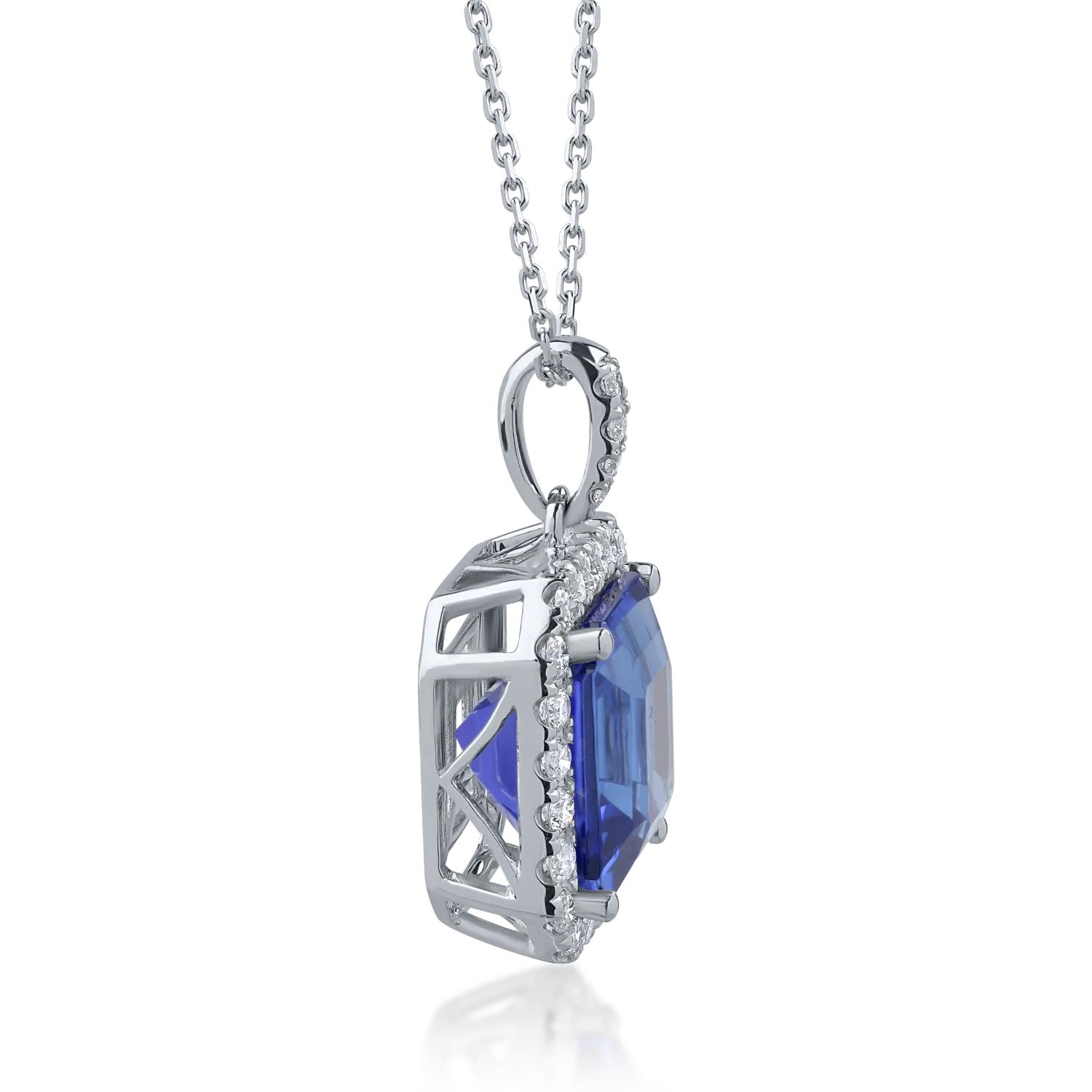 Lant cu pandantiv din aur alb cu tanzanit de 7.18ct si diamante de 0.63ct