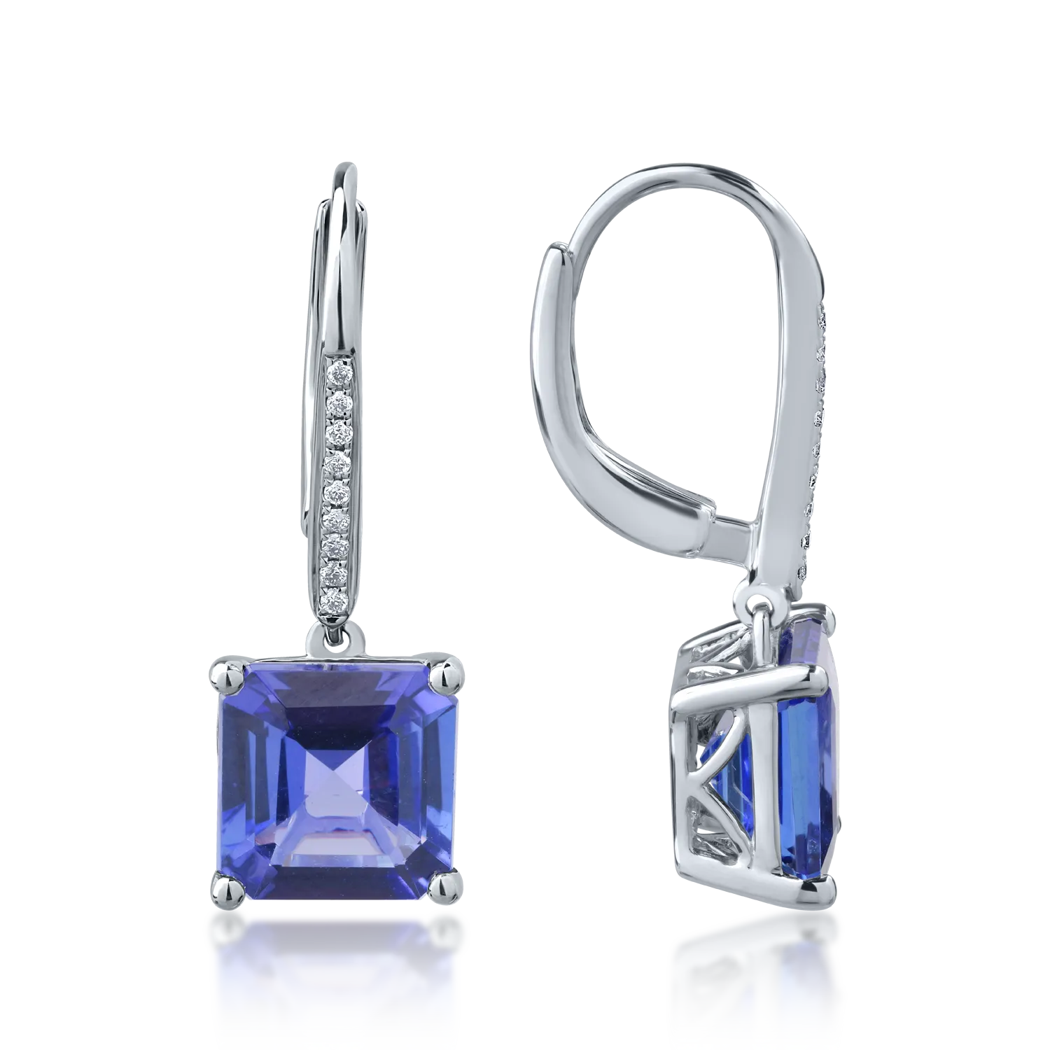 Cercei din aur alb de 18K cu tanzanite de 5.87ct si diamante de 0.07ct