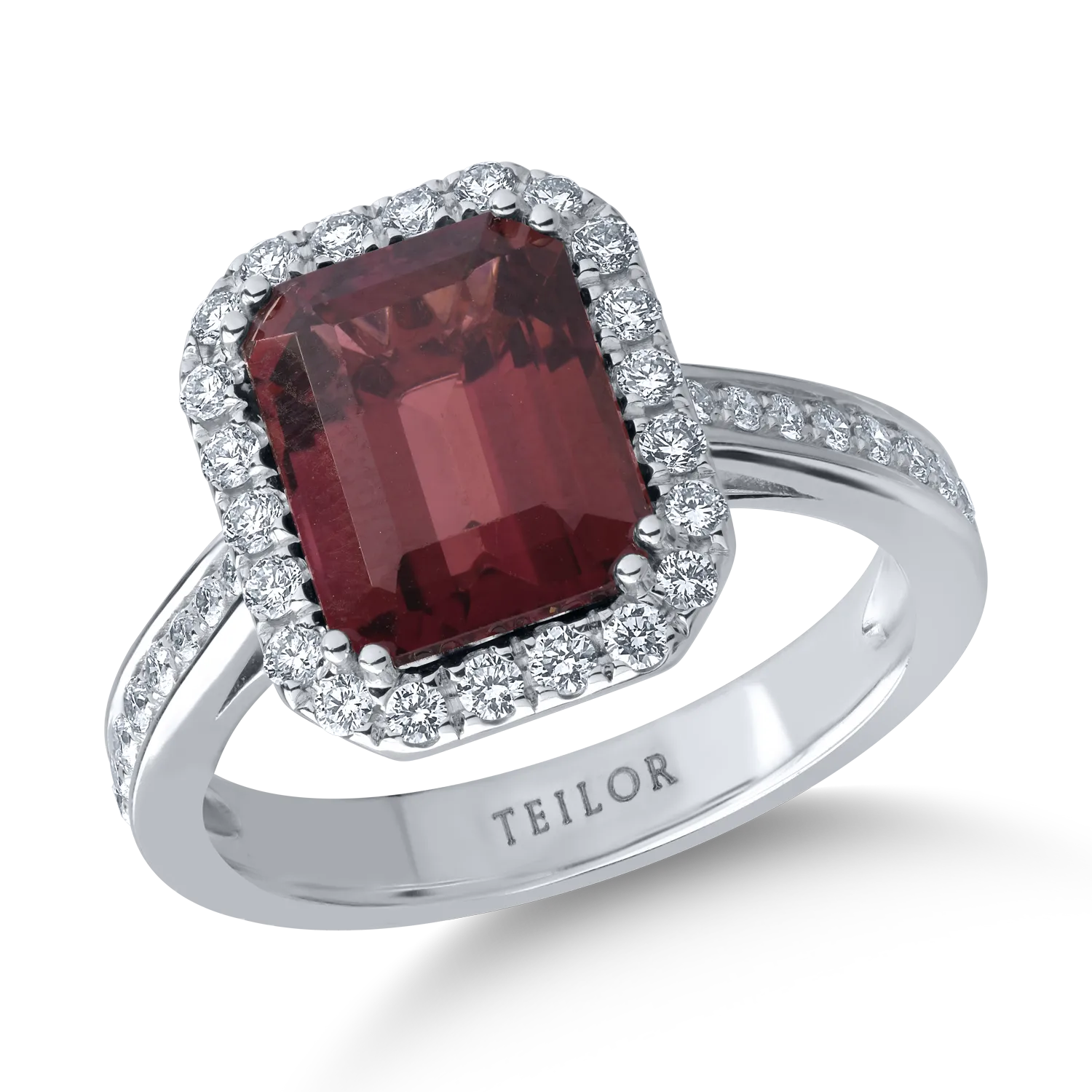 Inel din aur alb cu turmalina roz de 3.3ct si diamante de 0.4ct