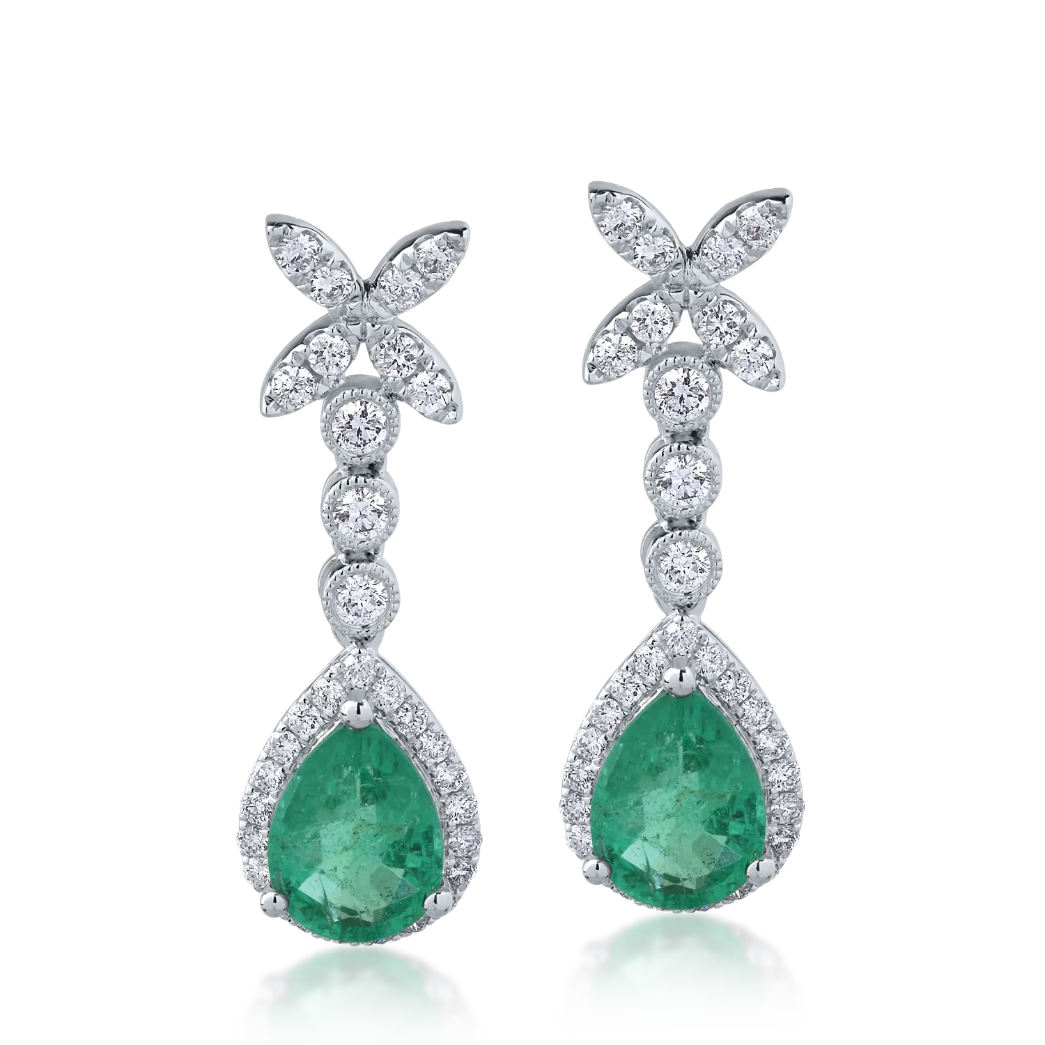 Cercei din aur alb cu smaralde pear de 2ct si diamante round de 0.6ct