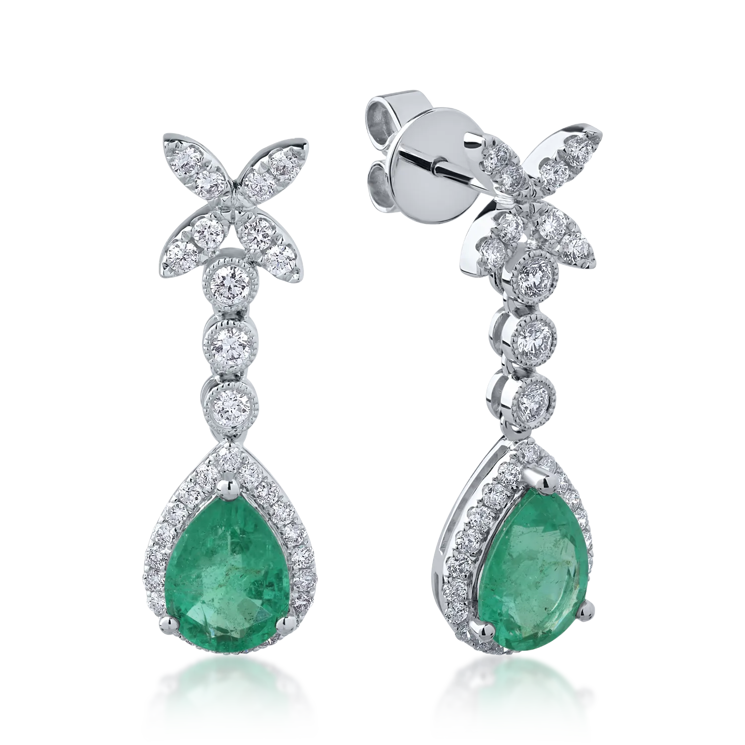 Cercei din aur alb cu smaralde pear de 2ct si diamante round de 0.6ct