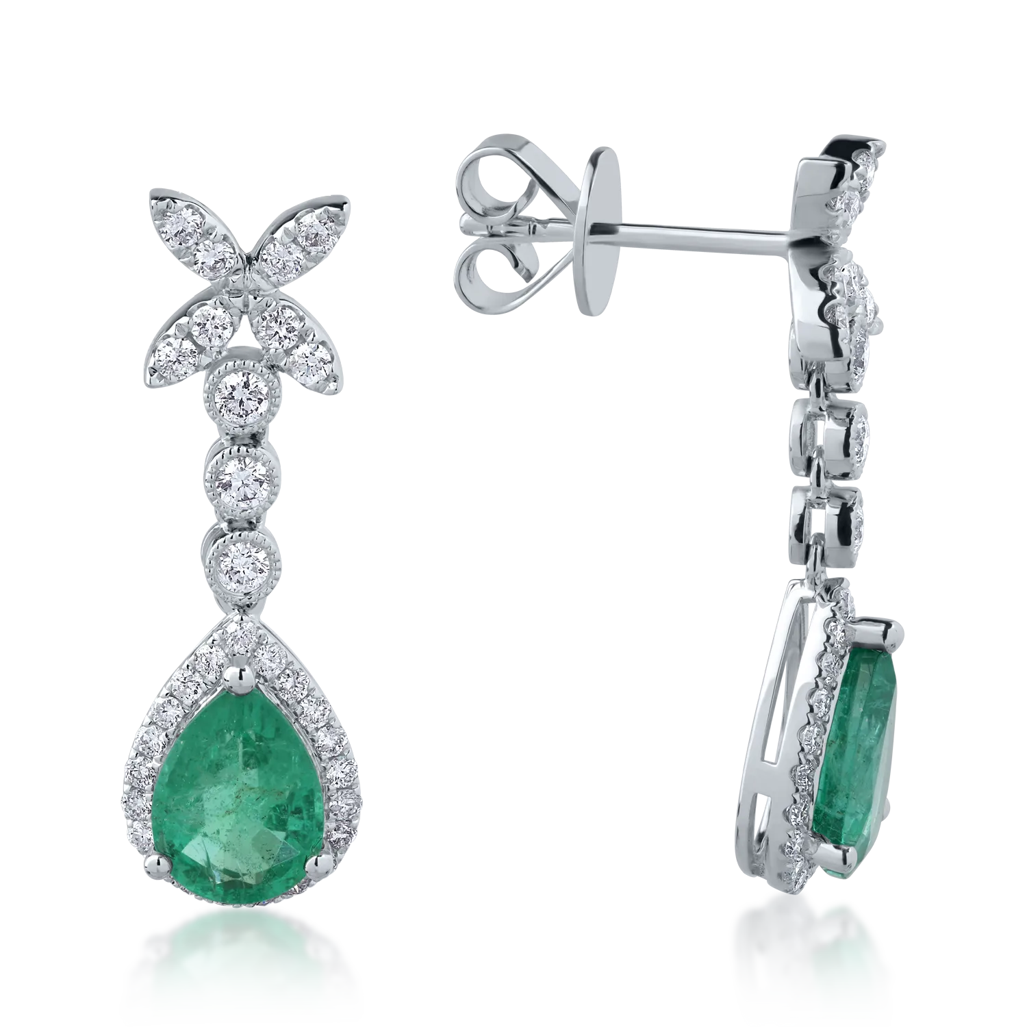 Cercei din aur alb cu smaralde pear de 2ct si diamante round de 0.6ct - imagine 3
