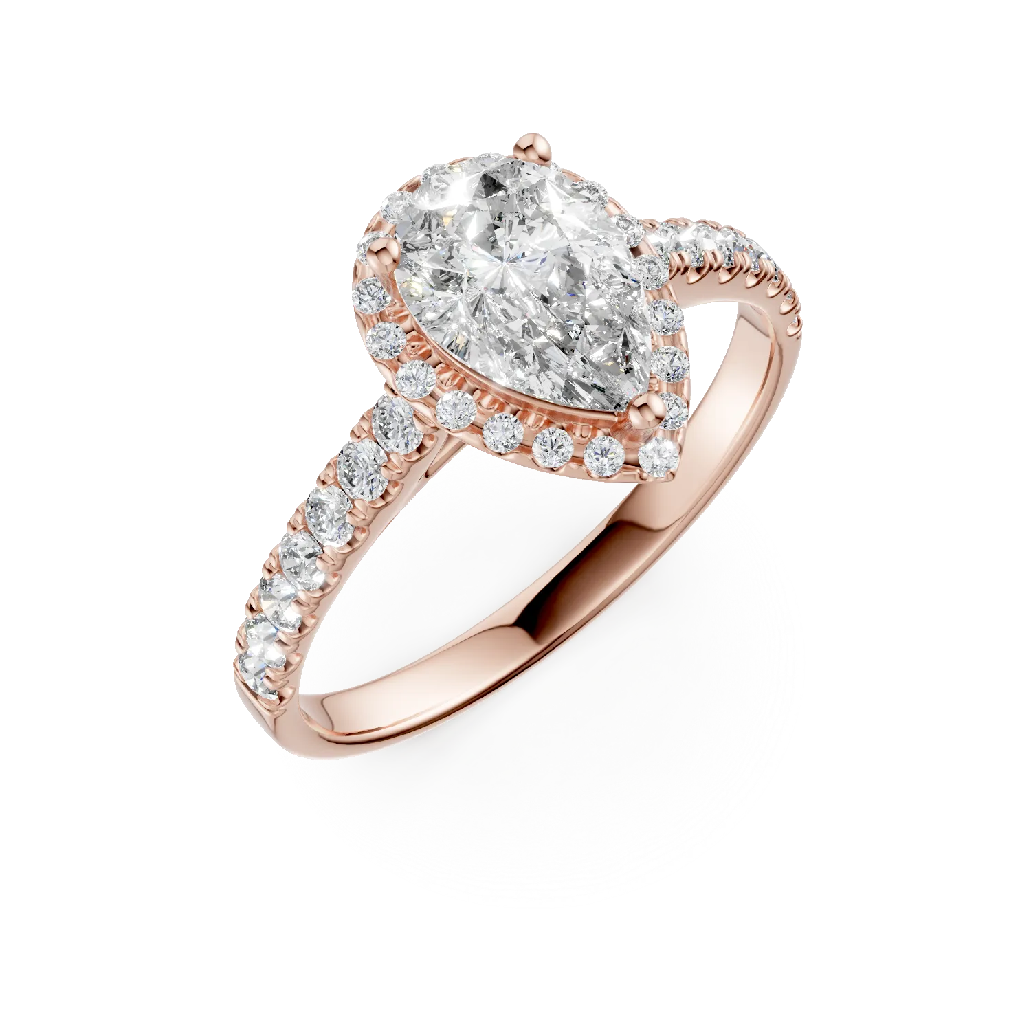 Inel de logodna din aur roz cu diamant pear de 0.9ct si diamante de 0.39ct