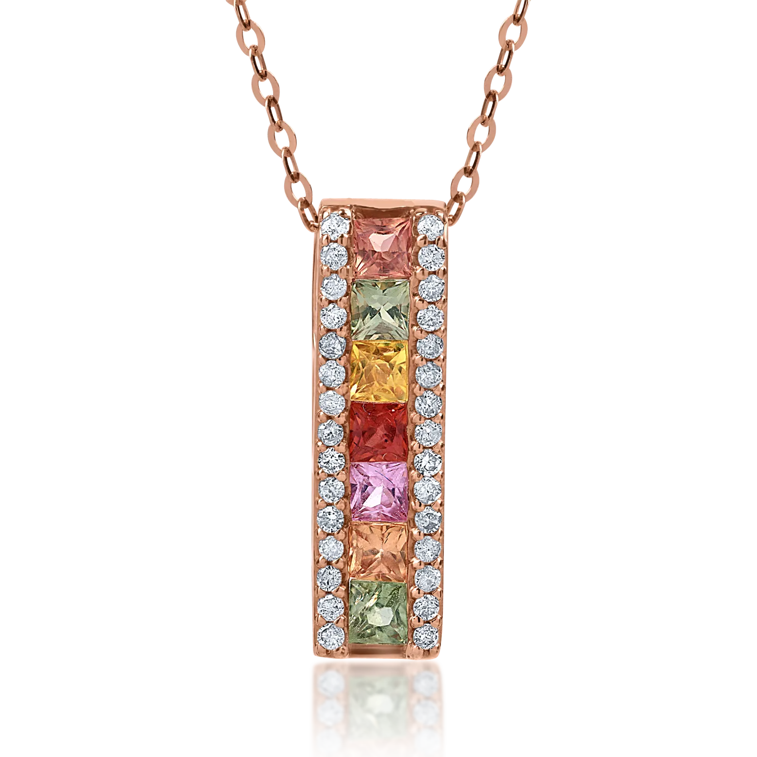 Lant cu pandantiv din aur roz cu safire multicolore princess de 0.72ct si diamante de 0.17ct