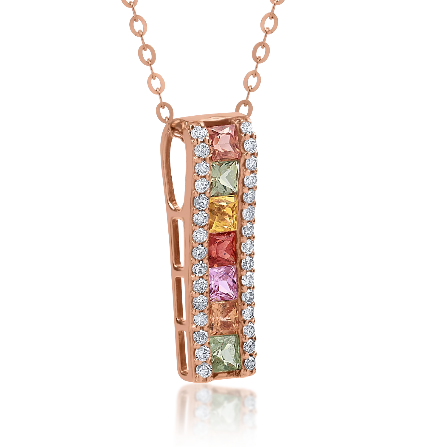 Lant cu pandantiv din aur roz cu safire multicolore de 0.72ct si diamante de 0.17ct