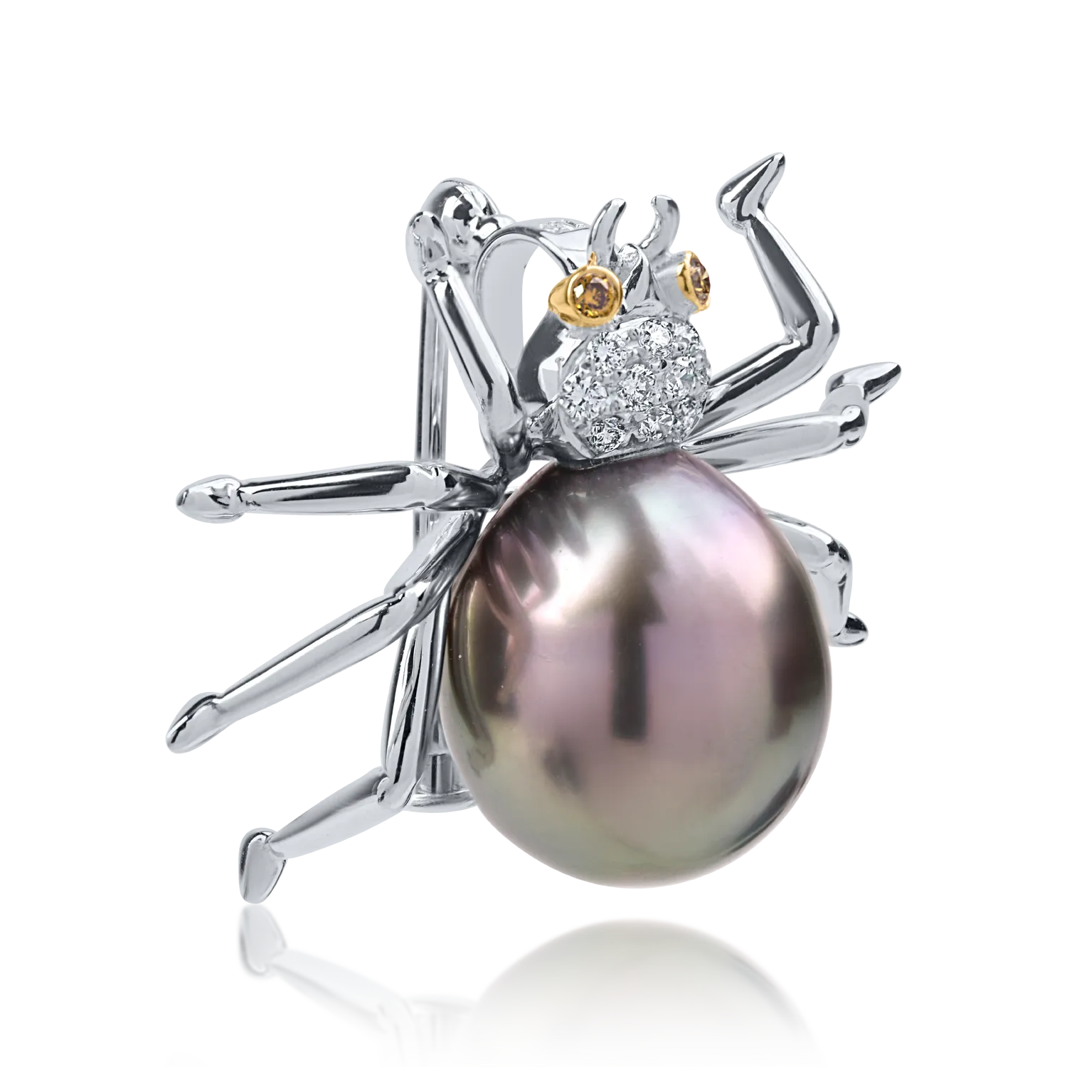 Brosa din aur alb-galben de cu perla de cultura si diamante de 0.12ct