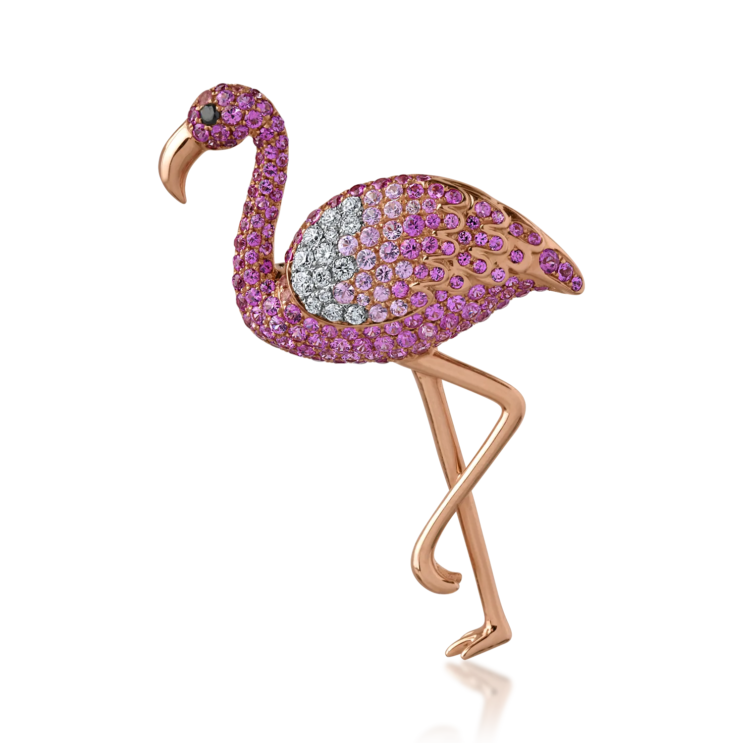 Brosa flamingo din aur alb-roz cu safire de 2.24ct si diamante de 0.11ct
