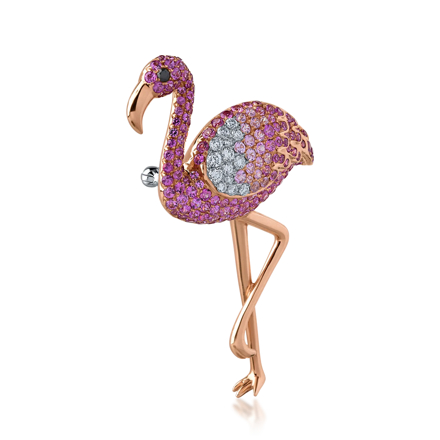 Brosa flamingo din aur alb-roz cu safire de 2.24ct si diamante de 0.11ct - imagine 2