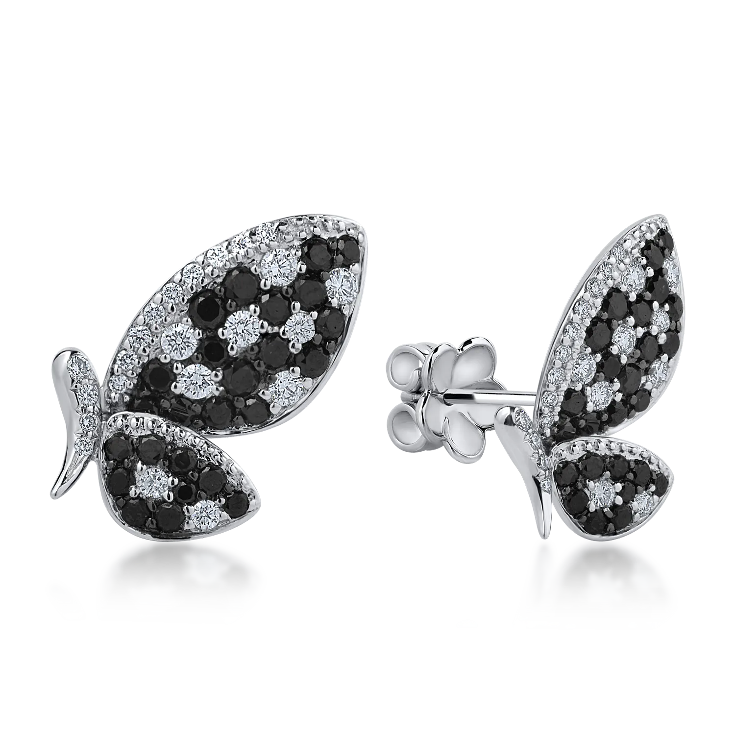 Cercei fluturi din aur alb cu diamante negre de 0.68ct si diamante transparente de 0.32ct