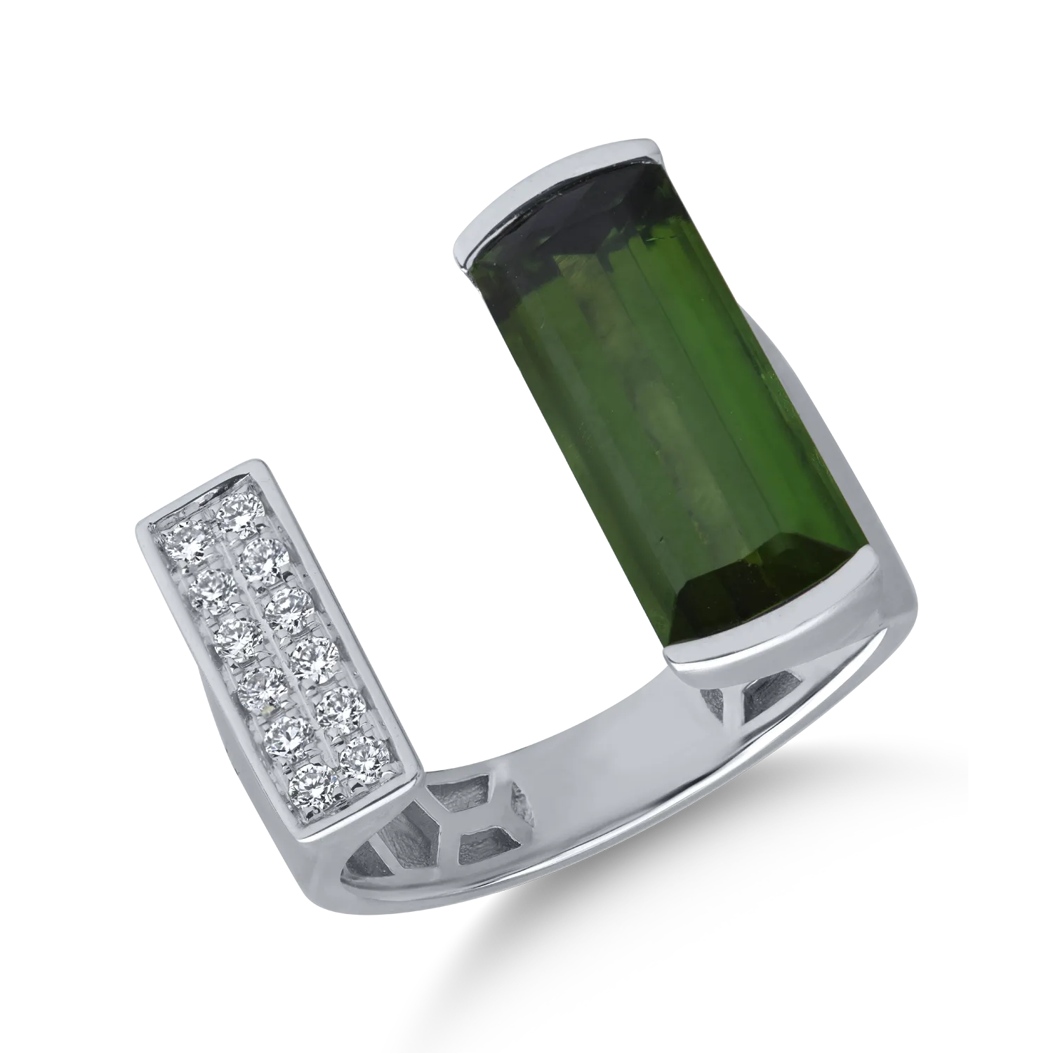 Inel din aur alb cu turmalina verde emerald de 4ct si diamante de 0.1ct