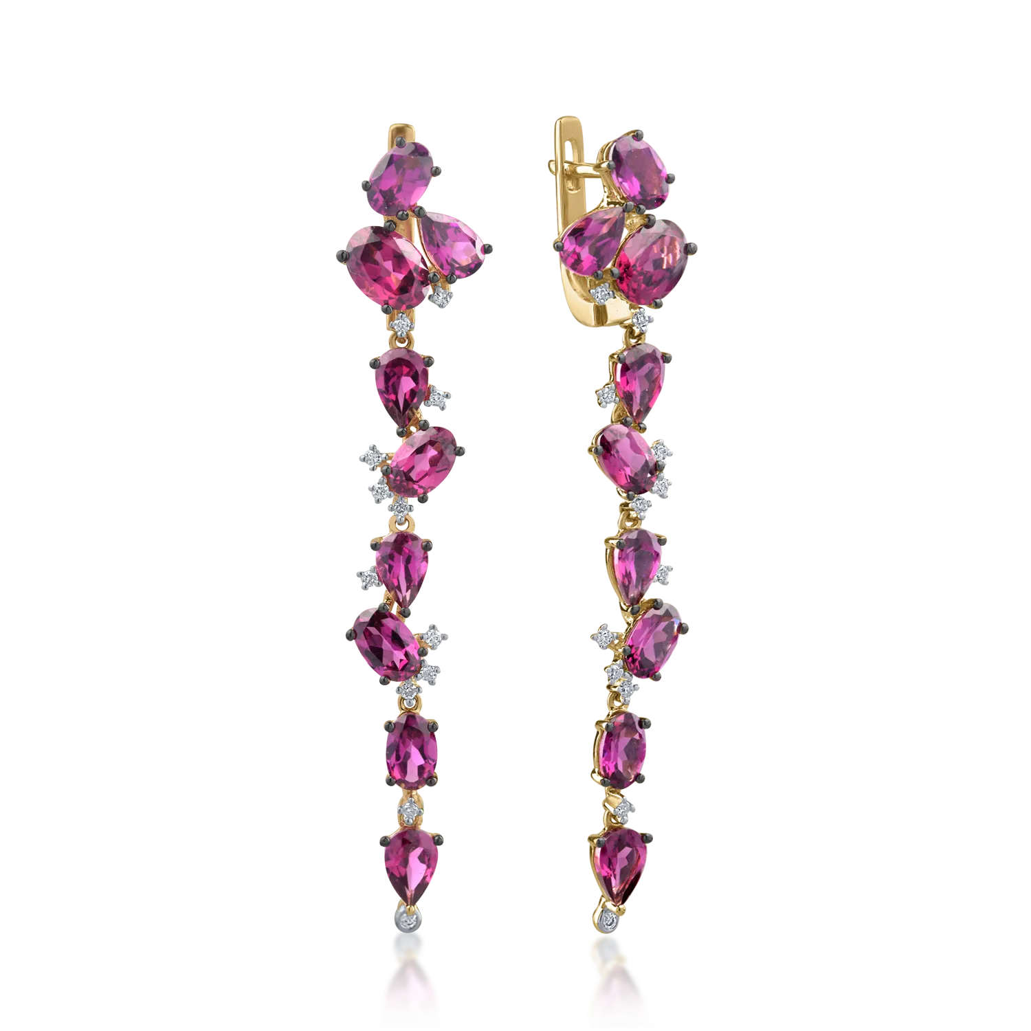 Yellow gold earrings with 10.46ct red rhodolites and 0.24ct diamonds