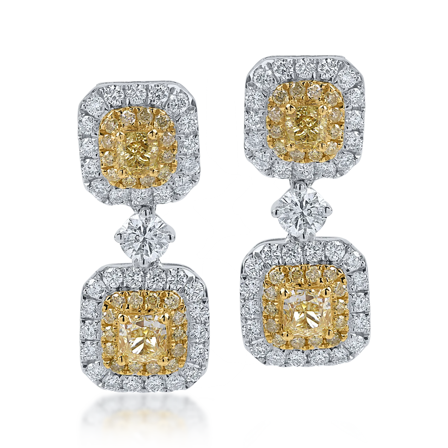 Cercei din aur alb-galben cu diamante galbene de 1.58ct si diamante transparente de 0.75ct - 1 | YEO