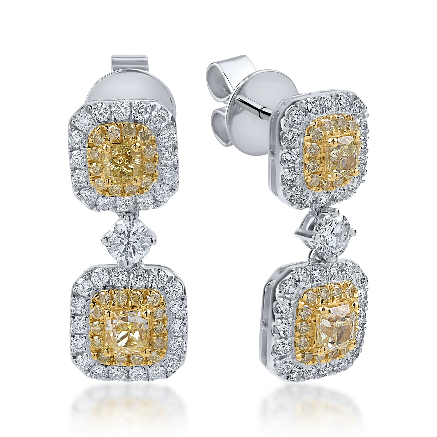 Cercei din aur alb-galben cu diamante galbene de 1.58ct si diamante transparente de 0.75ct
