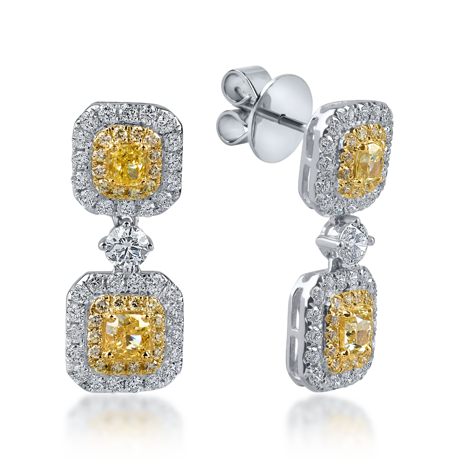 White-yellow gold earrings with 1.58ct yellow diamonds and 0.75ct clear diamonds