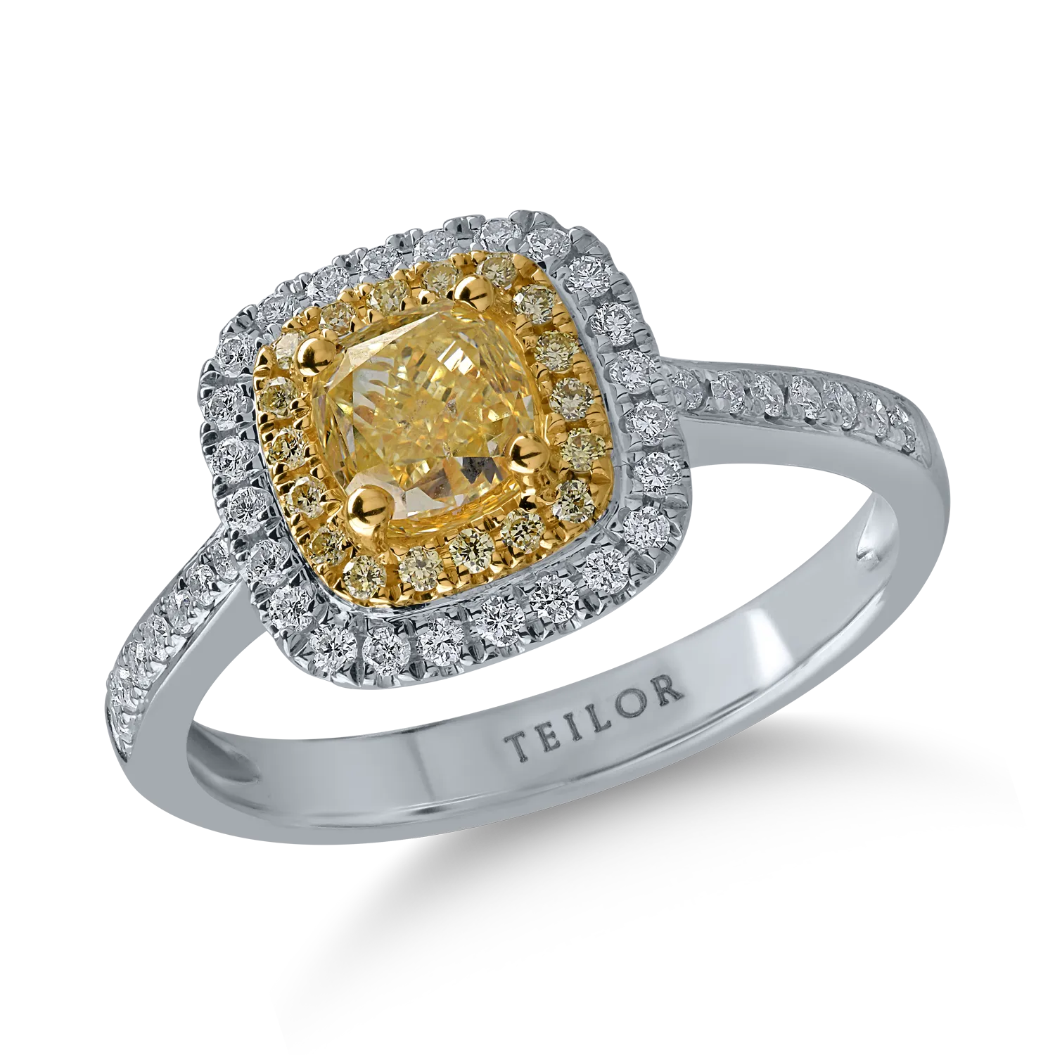 Fehér-sárga arany gyűrű 1.11ct sárga gyémántokkal és 0.24ct tiszta gyémántokkal