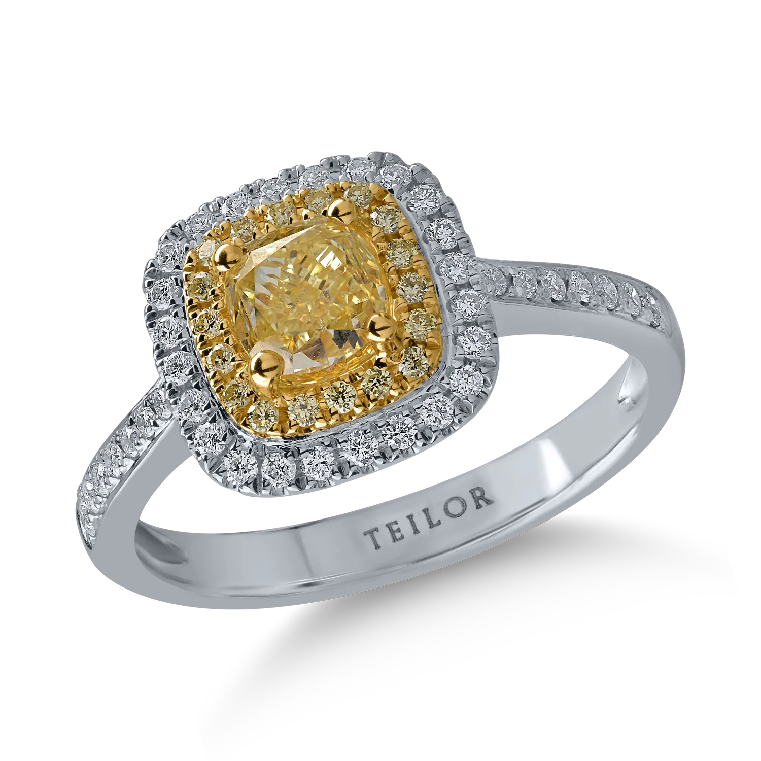Inel din aur alb-galben cu diamante galbene cushion si rotunde de 1.11ct si diamante transparente de 0.24ct