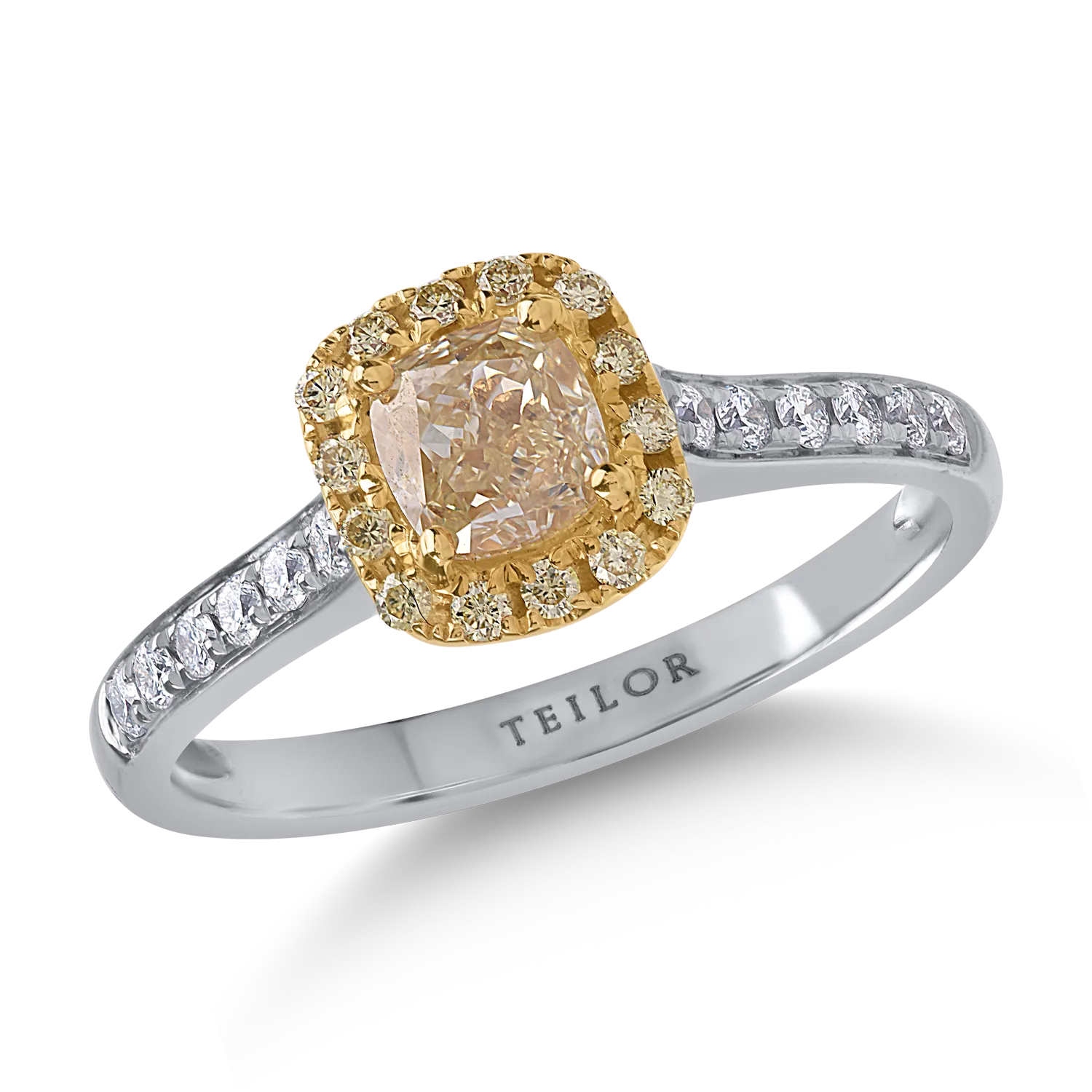 Teilor Inel din aur alb-galben cu diamante galbene cushion si rotunde de 0.81ct si diamante transparente de 0.16ct