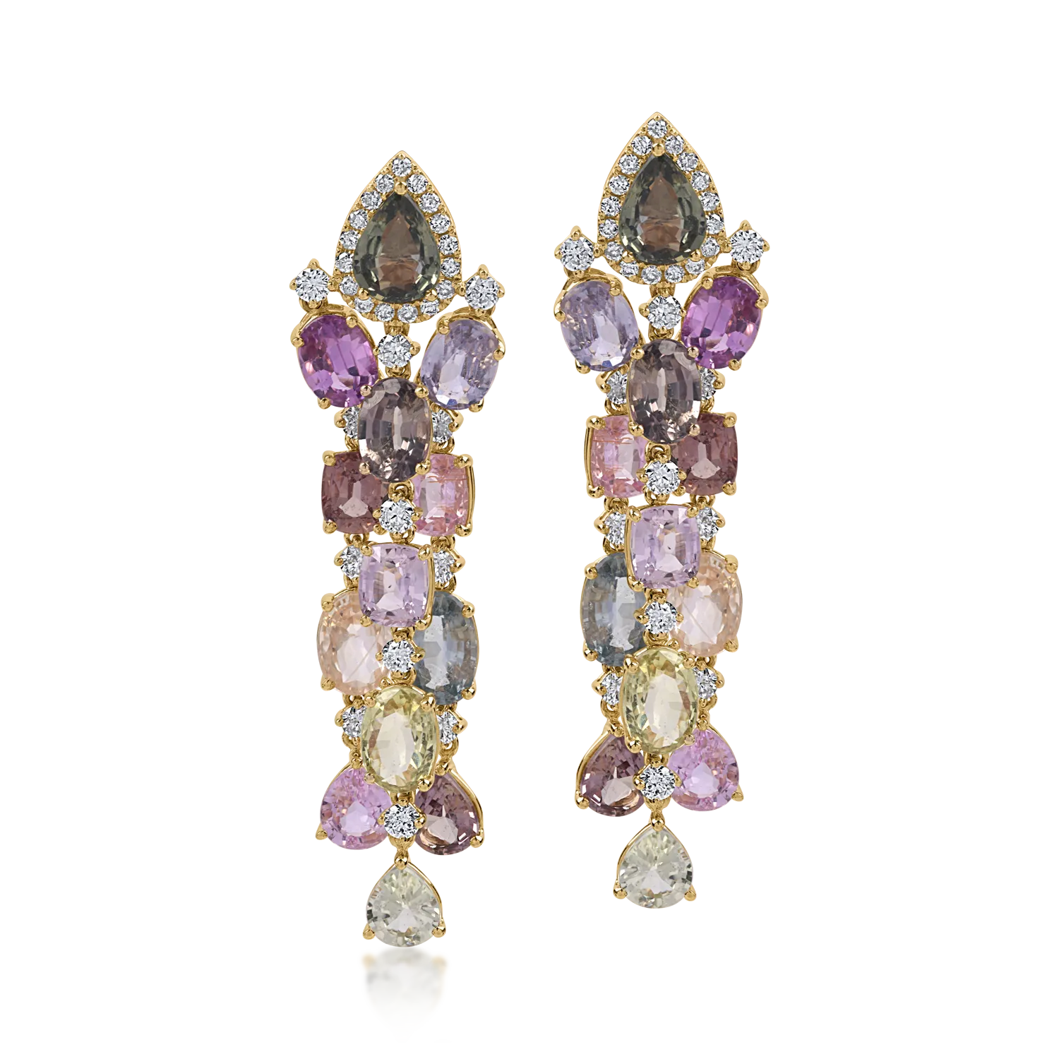 Yellow gold earrings with 21.69ct multicolored sapphires and 1.56ct diamonds