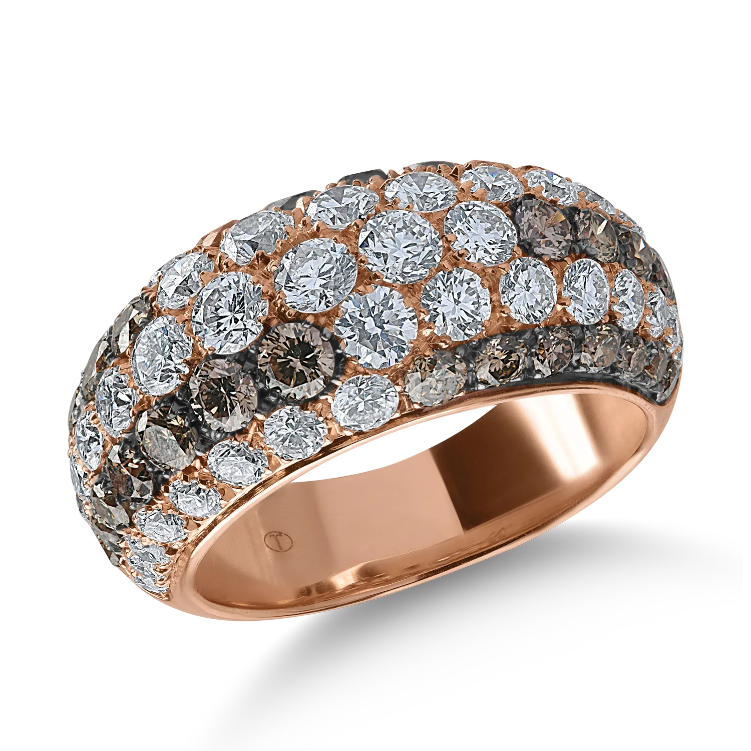 Rózsarany gyűrű 2.06ct átlátszó gyémántokkal és 1.43ct barna gyémántokkal