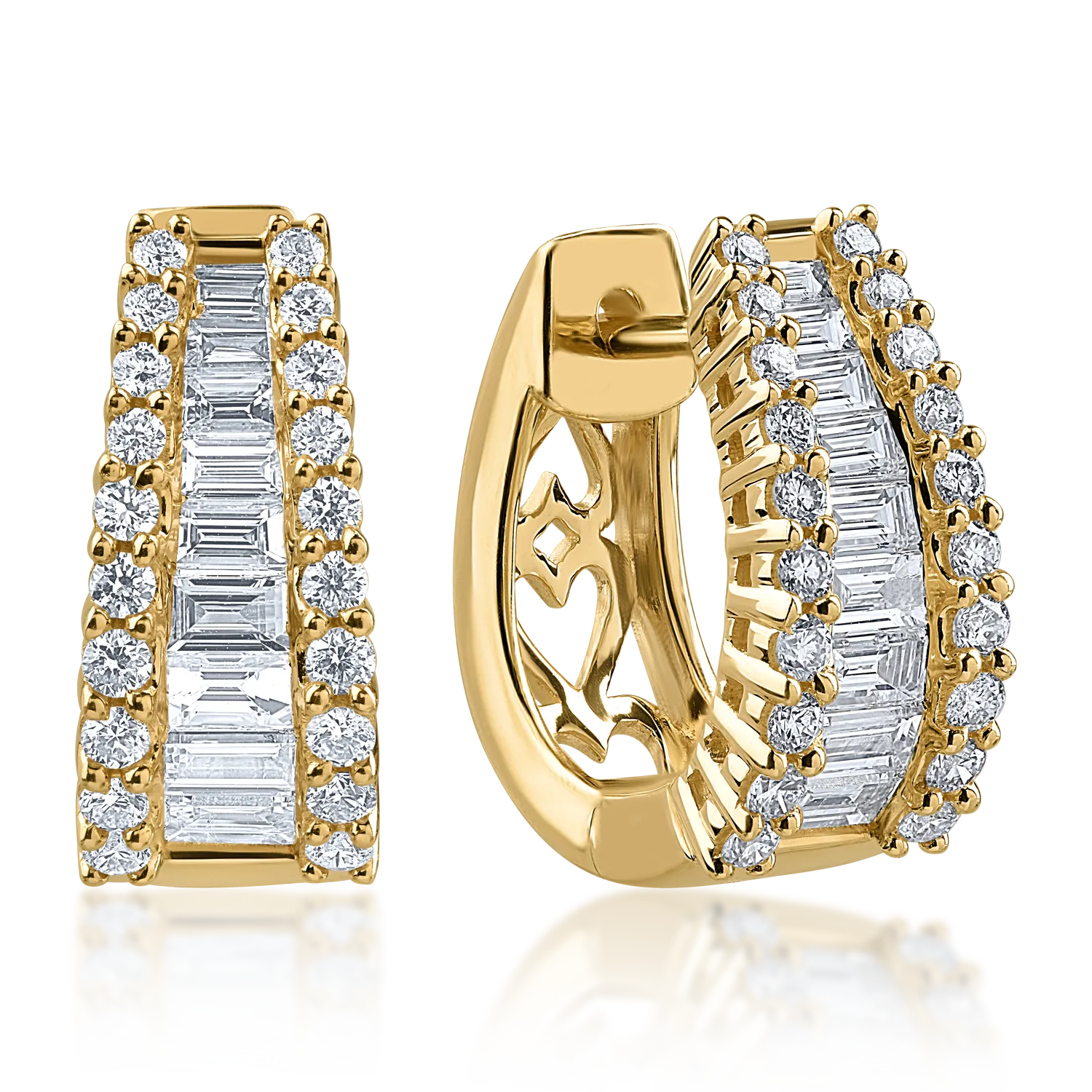 Cercei din aur galben cu diamante baguette si rotunde de 1.14ct