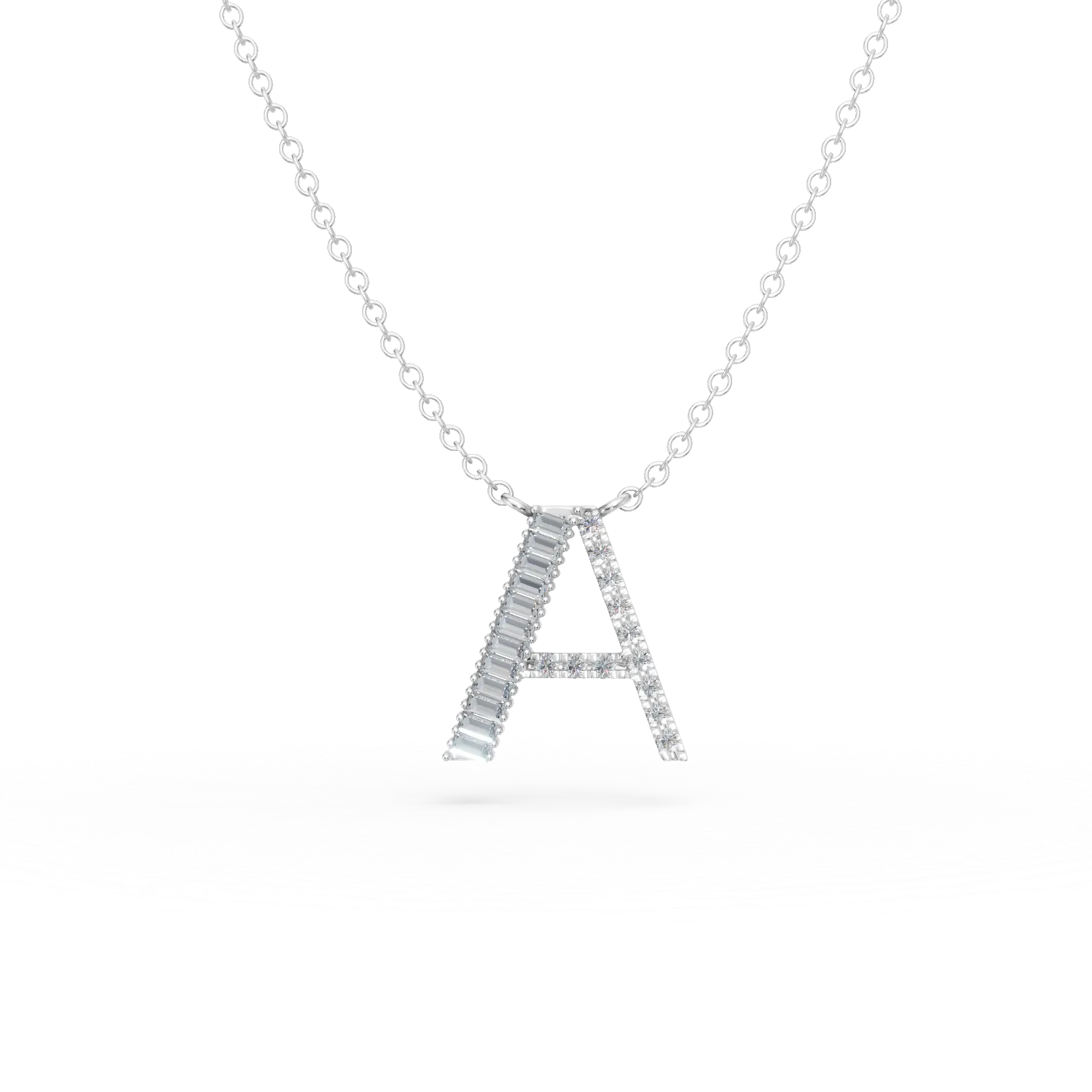 Teilor Lant cu pandantiv initiala A din aur alb cu diamante baguette si rotunde de 0.21ct