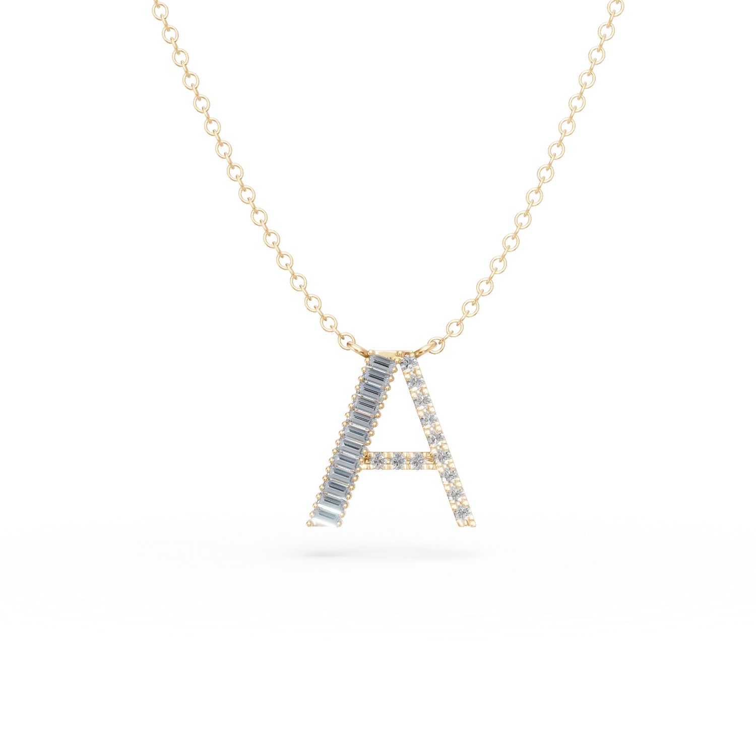 Lant cu pandantiv initiala A din aur galben cu diamante baguette si rotunde de 0.24ct
