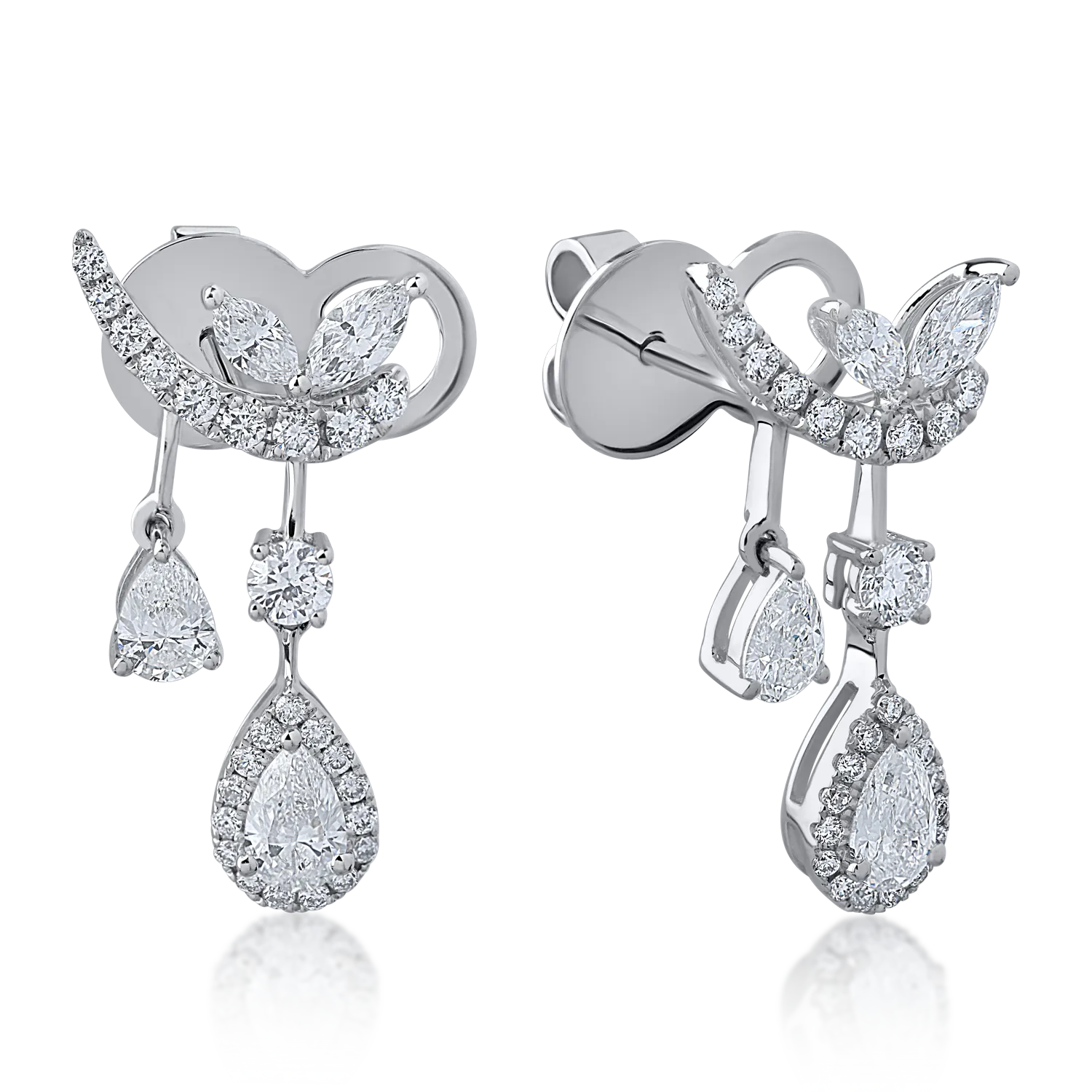 Cercei din aur alb cu diamante marquise, pear si rotunde de 1.68ct