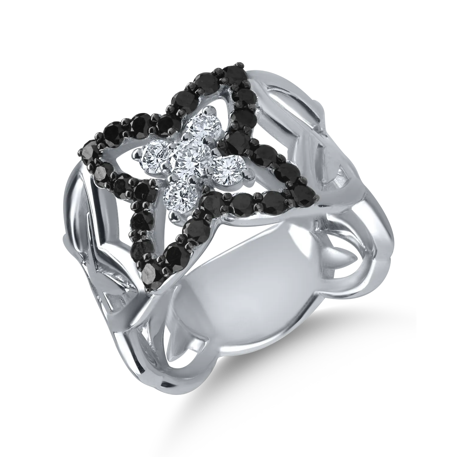 Teilor Inel din aur alb-negru cu diamante transparente de 0.33ct si diamante negre de 0.78ct