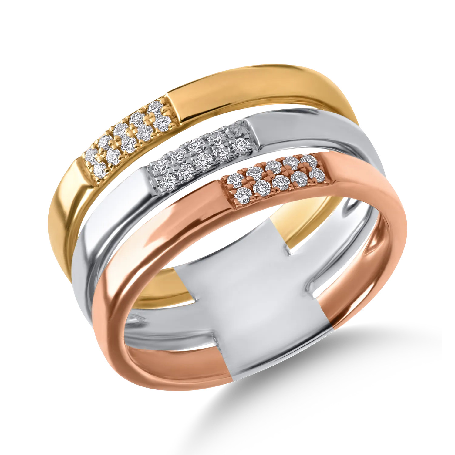 Inel din aur alb-roz-galben cu diamante de 0.16ct
