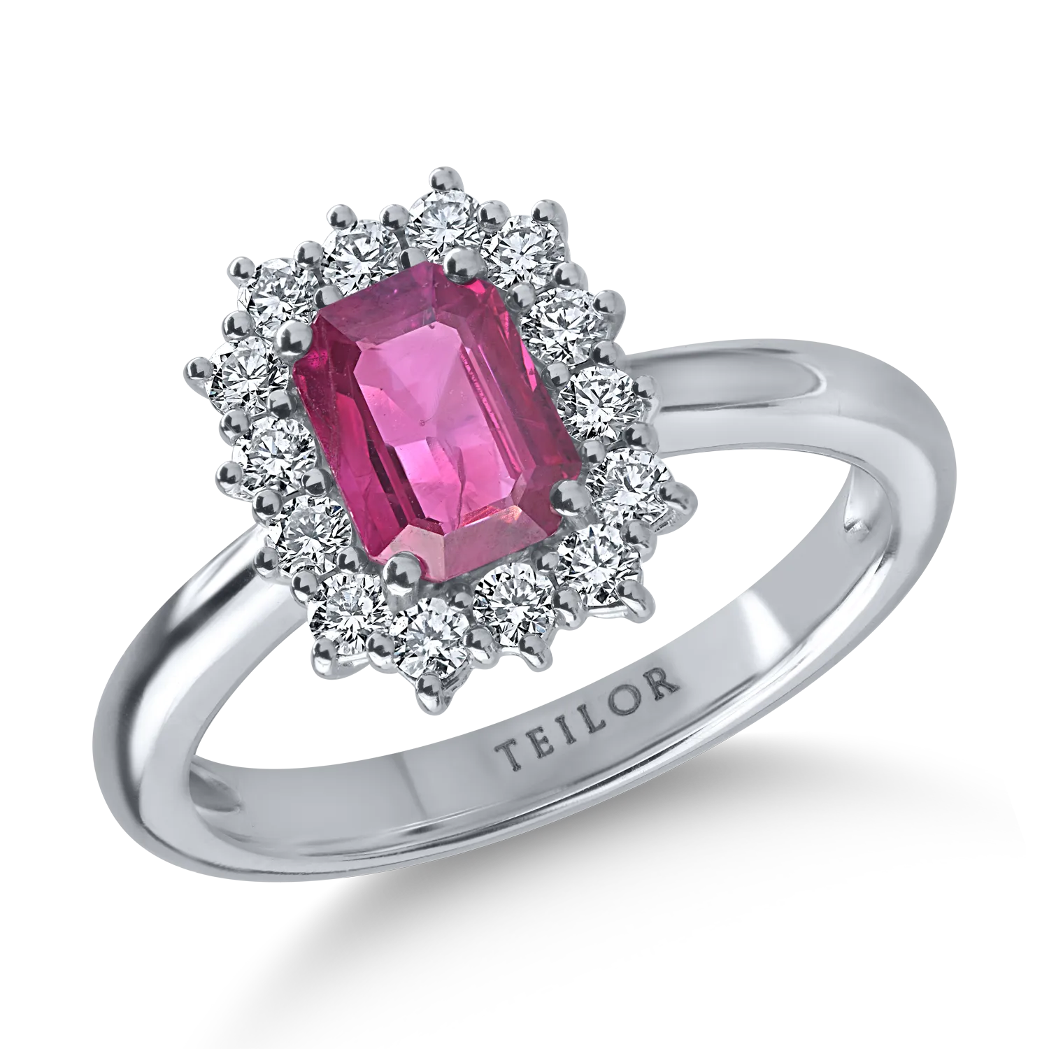 Inel din aur alb cu rubin octogonal de 1ct si diamante de 0.3ct