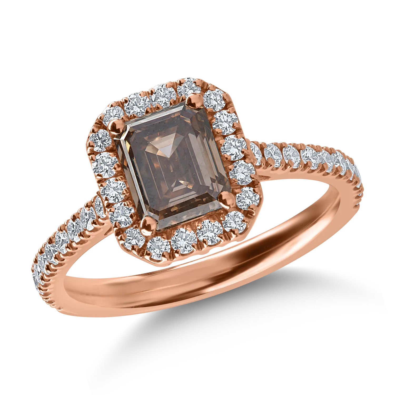 Inel din aur roz cu diamant maro octogonal de 1.5ct si diamante transparente de 0.5ct
