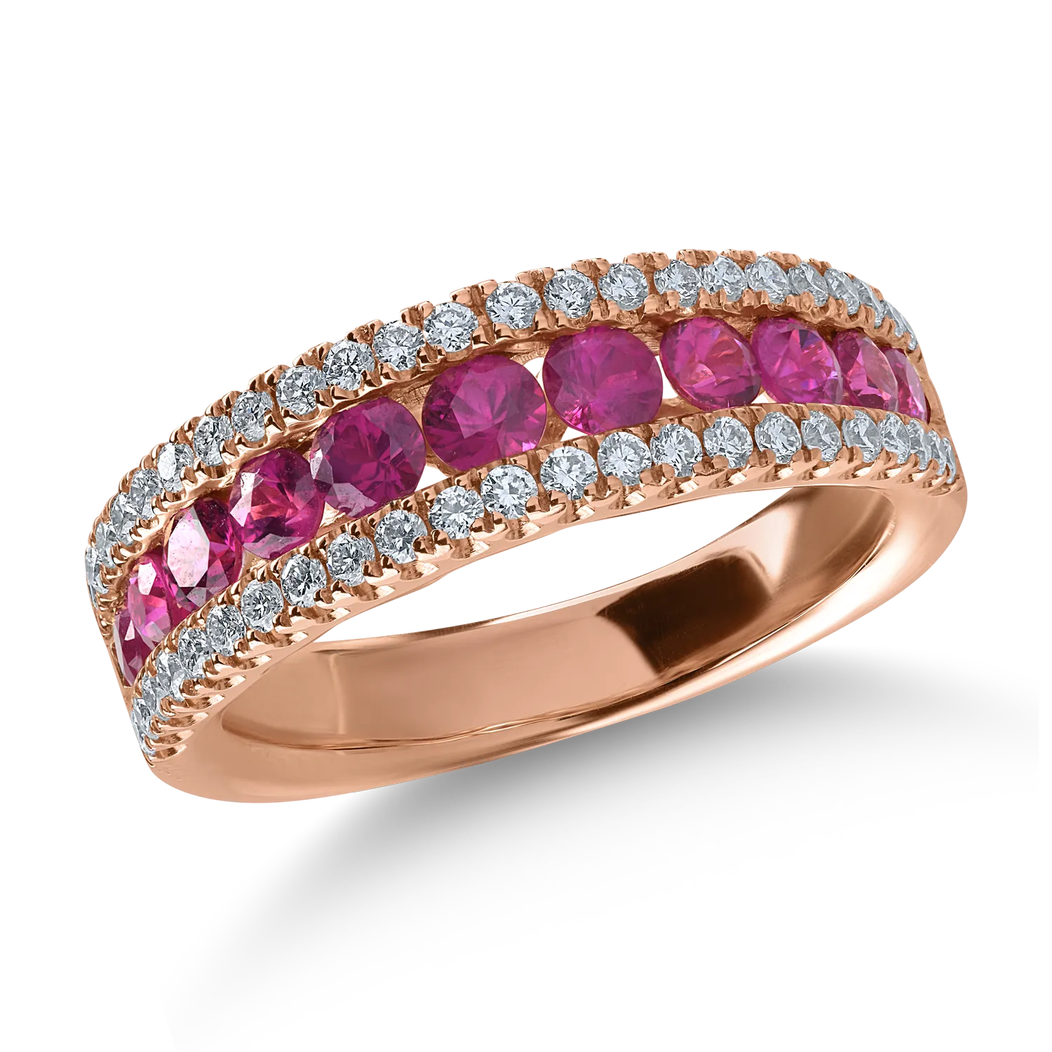 Fél örökkévalóság gyűrű rózsaszín aranyból 1.19ct rubinokkal és 0.4ct gyémántokkal