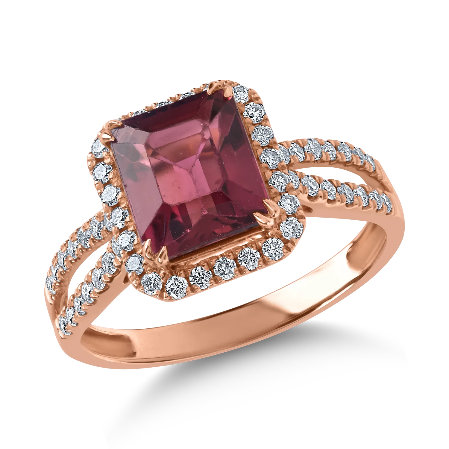 Rózsarany gyűrű 2.4ct rubellittel és 0.39ct gyémántokkal