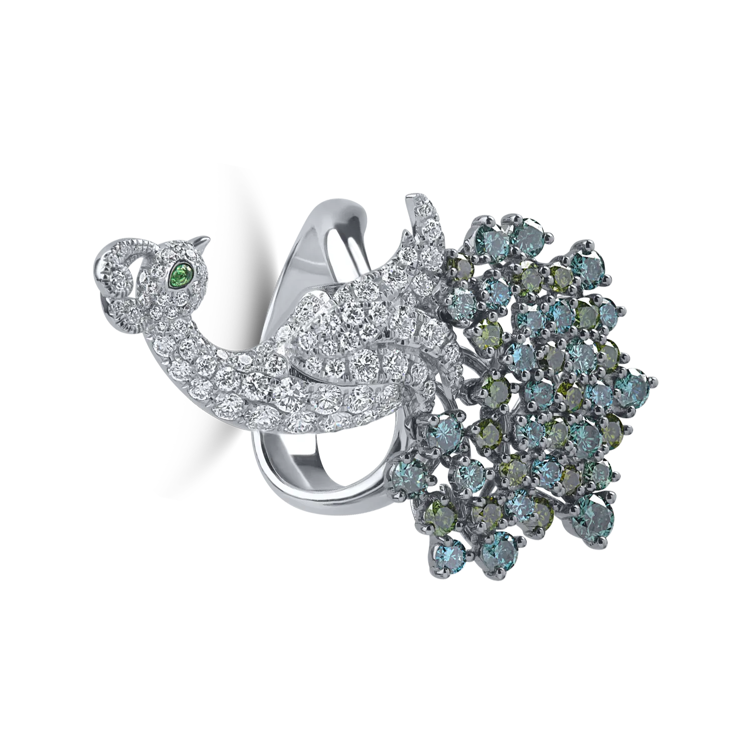 Pierścionek z białego złota z diamentami o masie 3.32ct i zielonym granatem o masie 0.02ct