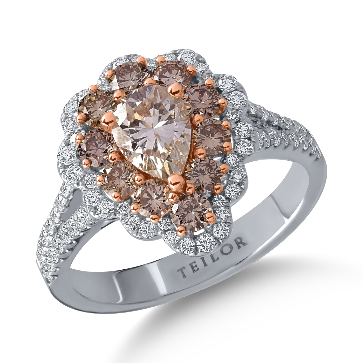 Inel din aur alb-roz cu diamante maro pear si rotunde de 1.72ct si diamante transparente de 0.41ct