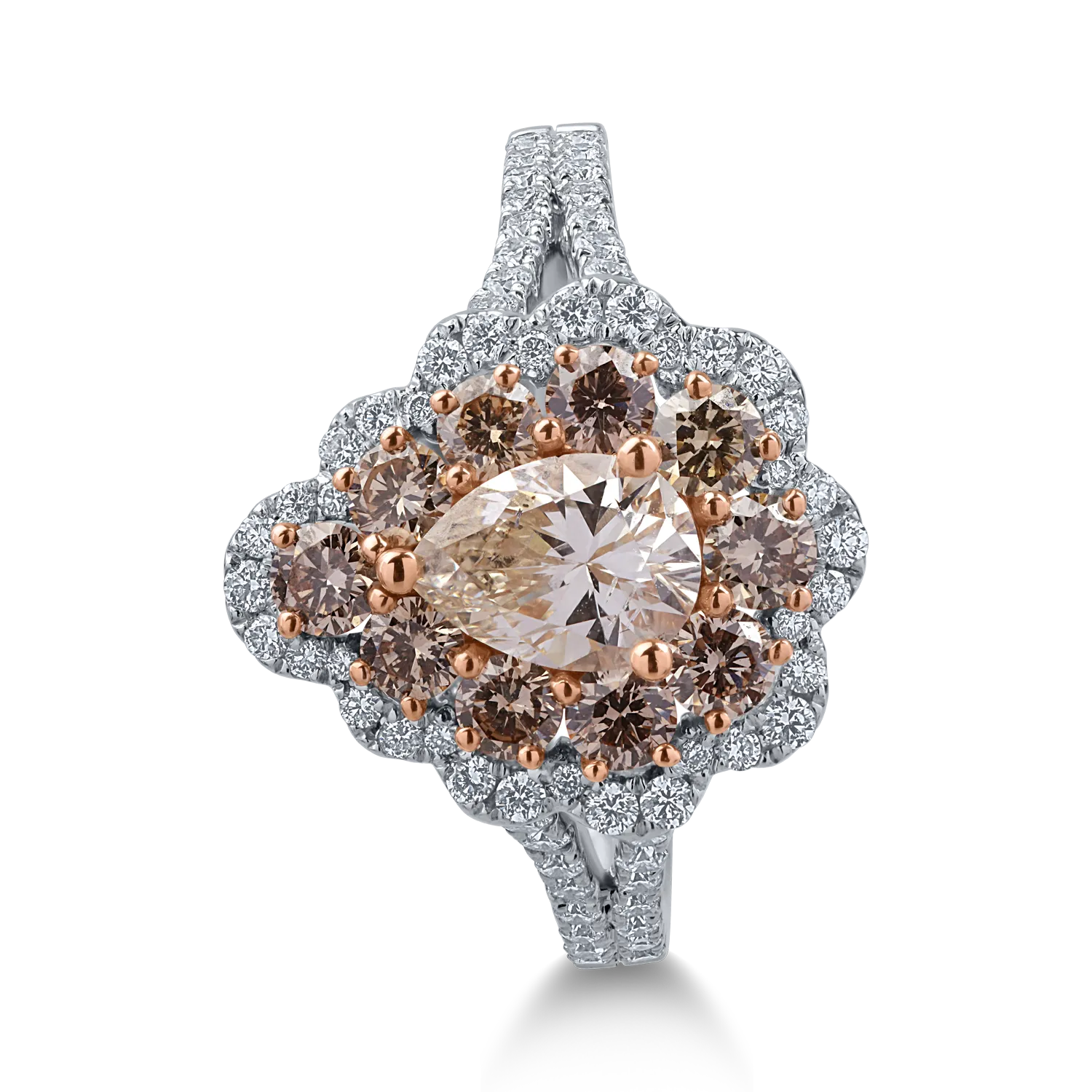 Inel din aur alb-roz cu diamante maro de 1.72ct si diamante transparente de 0.41ct