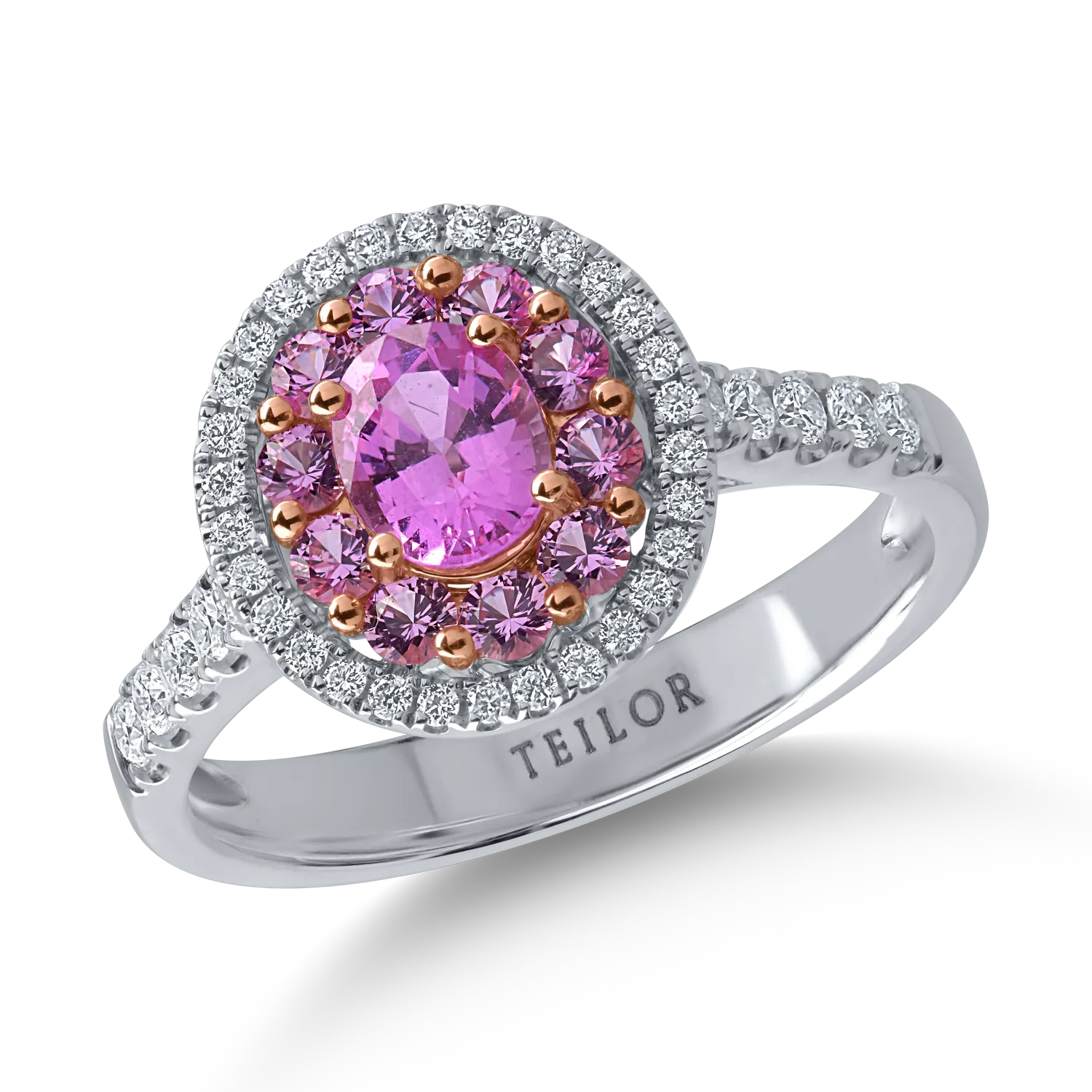 Teilor Inel din aur alb cu safire roz ovale si rotunde de 0.97ct si diamante de 0.3ct