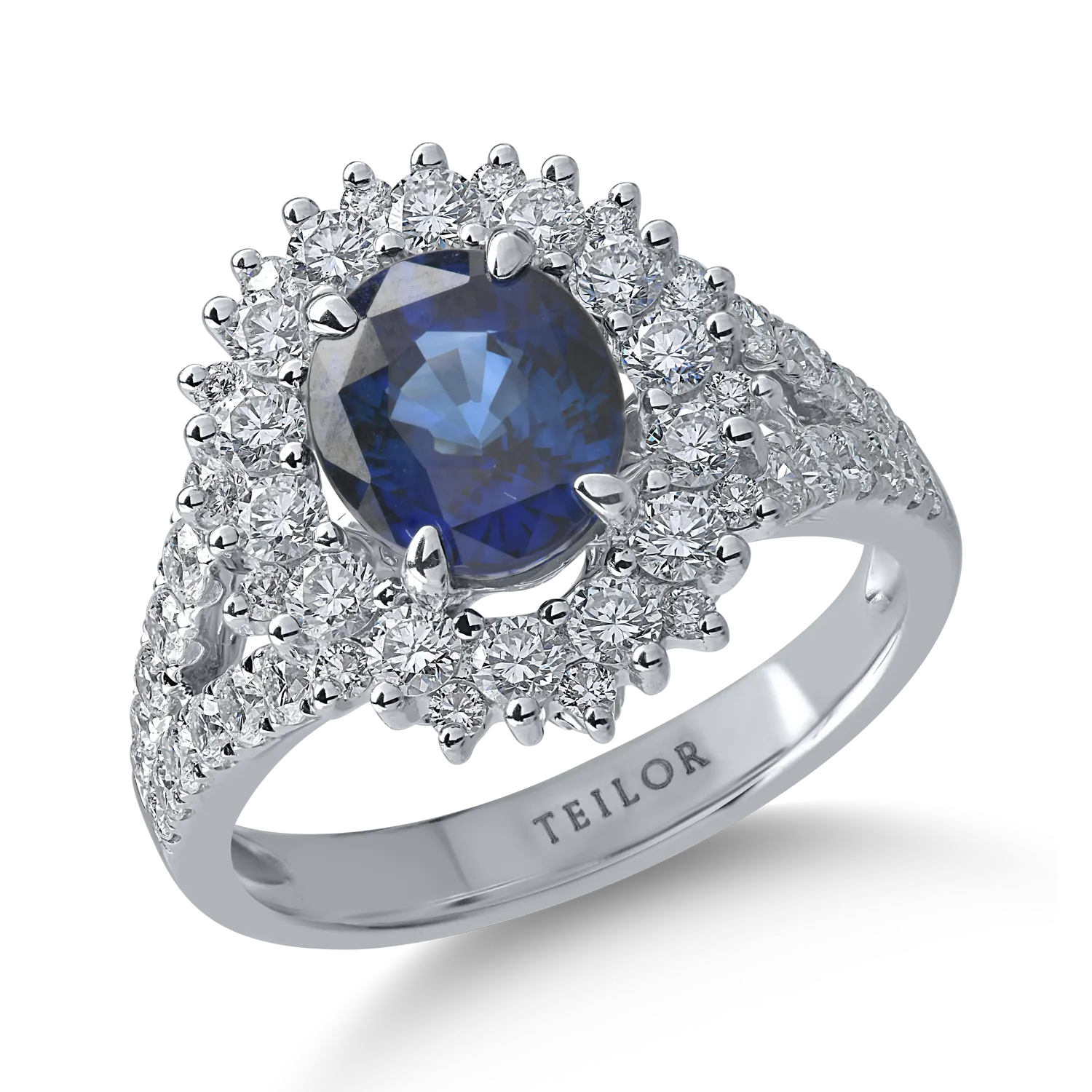 Inel din aur alb cu safir oval de 2.3ct si diamante de 1.3ct
