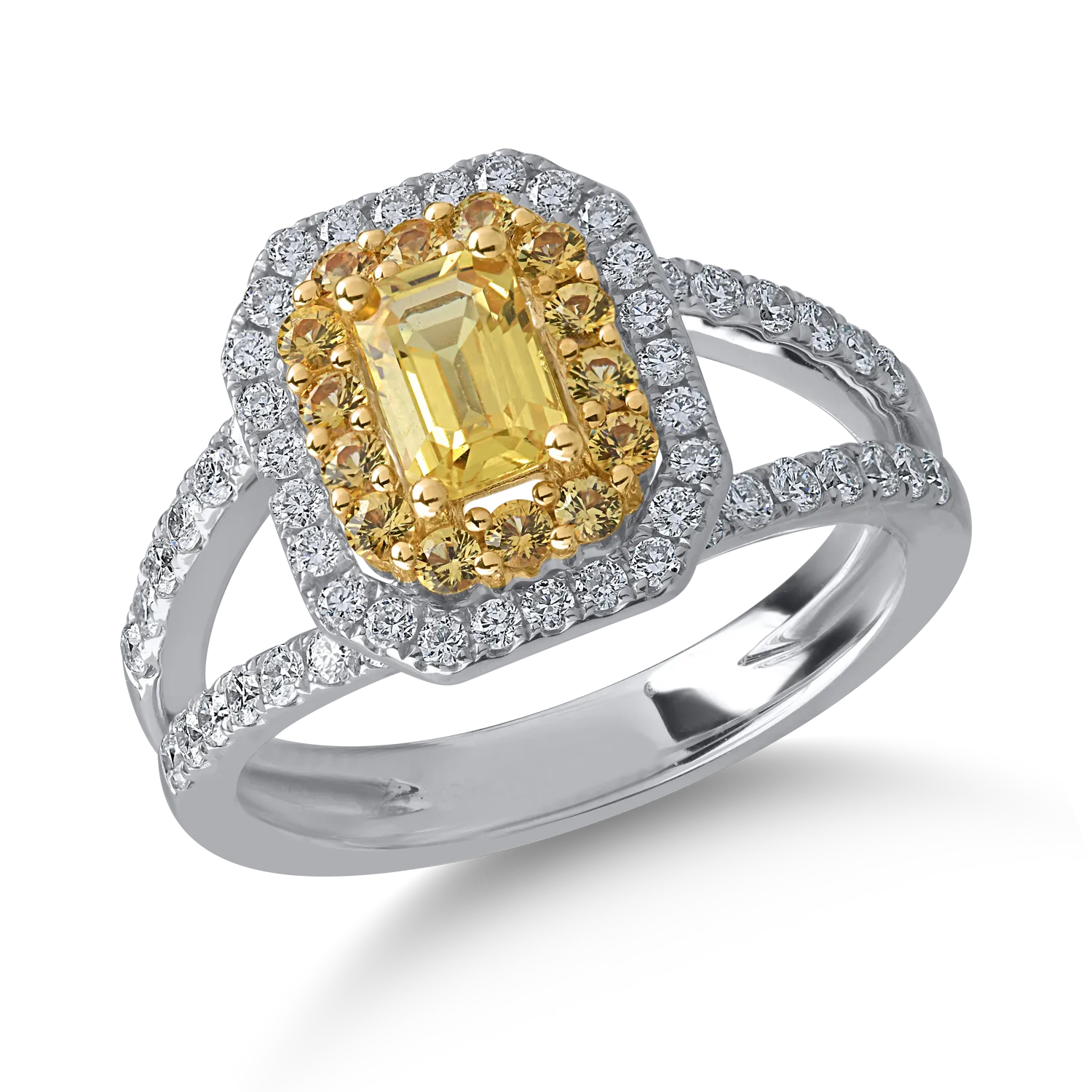 Inel din aur alb-galben cu safire galbene de 1.4ct si diamante de 0.53ct