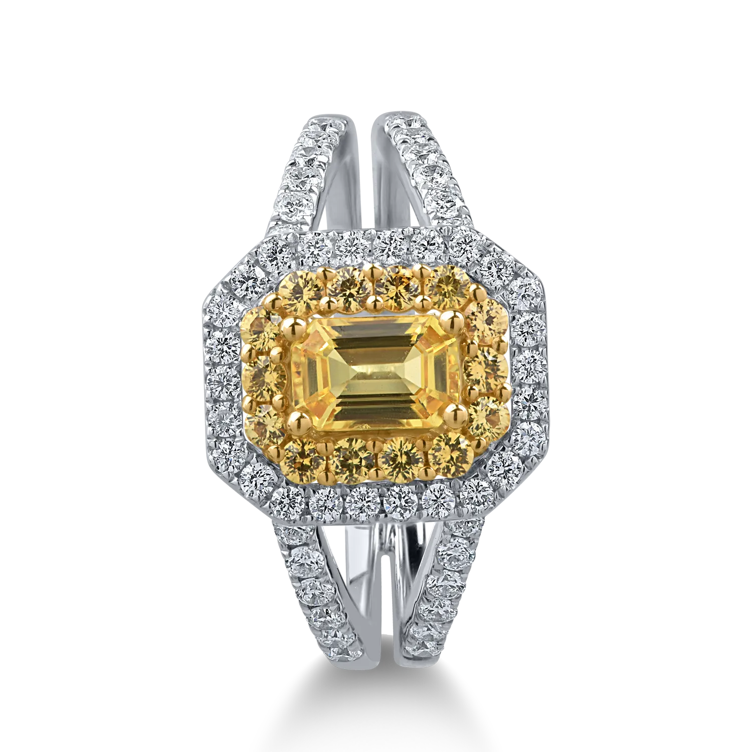 Inel din aur alb-galben cu safire galbene de 1.4ct si diamante de 0.53ct - imagine 2