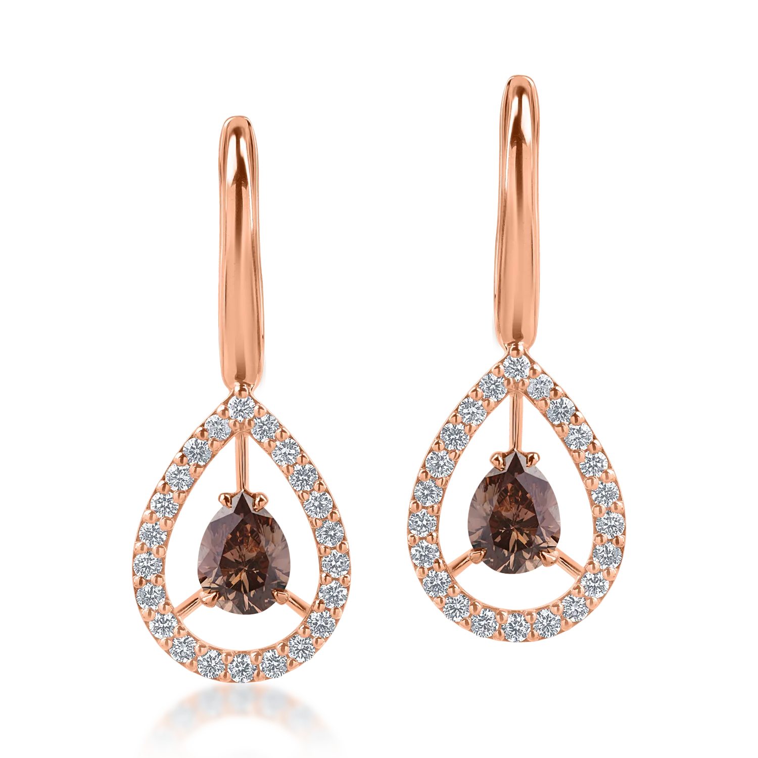 Cercei din aur roz cu diamante maro pear de 0.98ct si diamante incolore de 0.47ct
