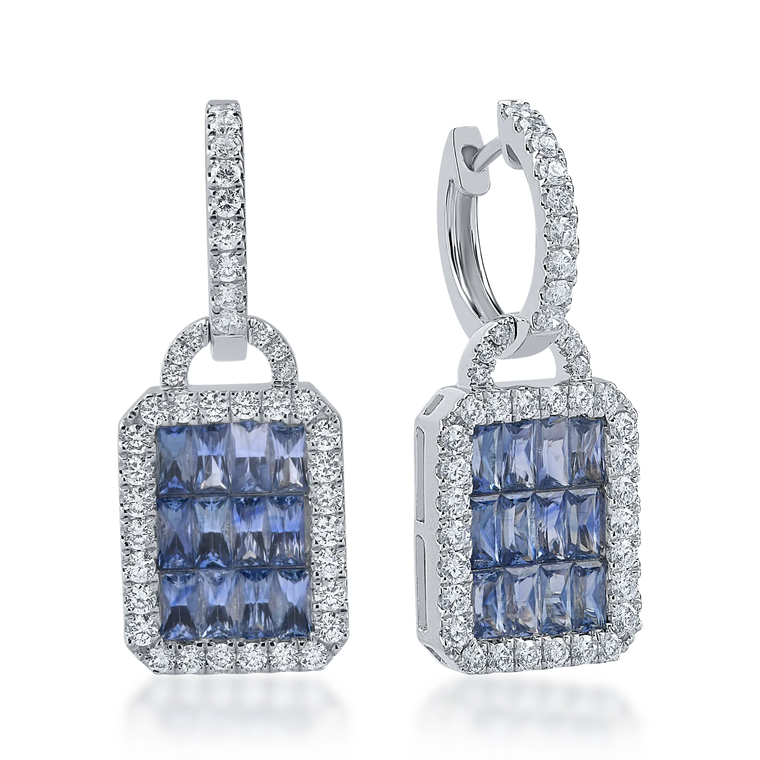 Cercei din aur alb cu safire octogonale de 3.55ct si diamante round de 1.23ct
