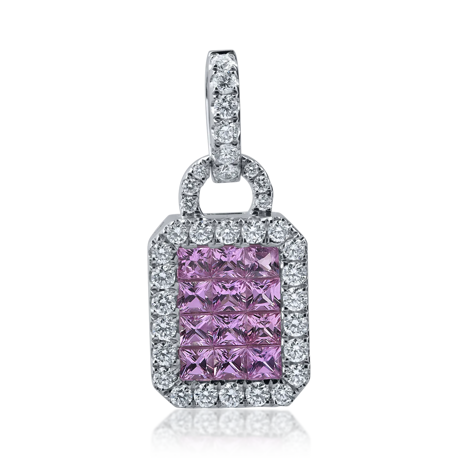 Pandantiv din aur alb cu safire roz princess de 1.11ct si diamante de 0.57ct