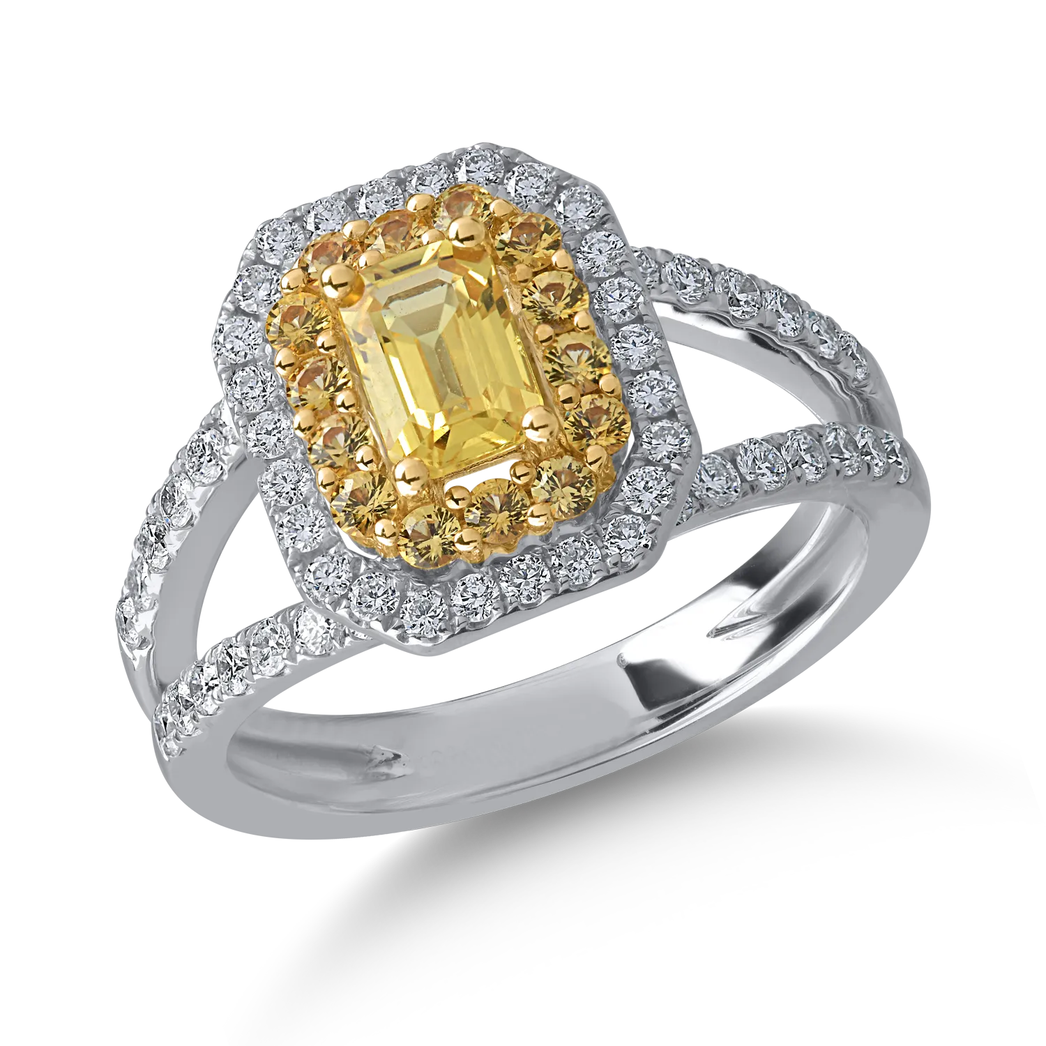Inel din aur alb-galben cu safire galbene de 0.98ct si diamante de 0.53ct