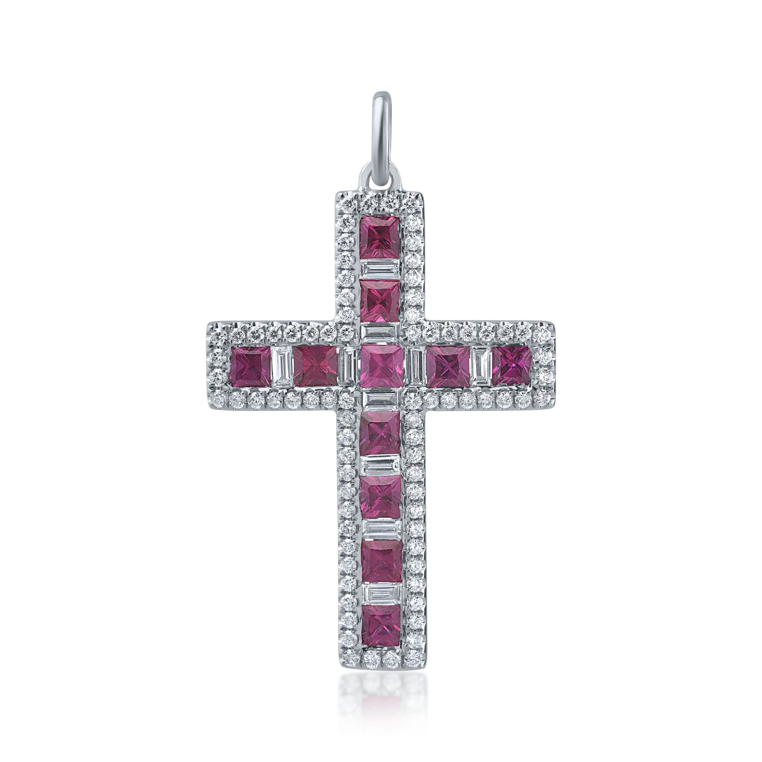 Teilor Pandantiv cruce din aur alb cu rubine princess de 1.03ct si diamante baguette si rotunde de 0.55ct